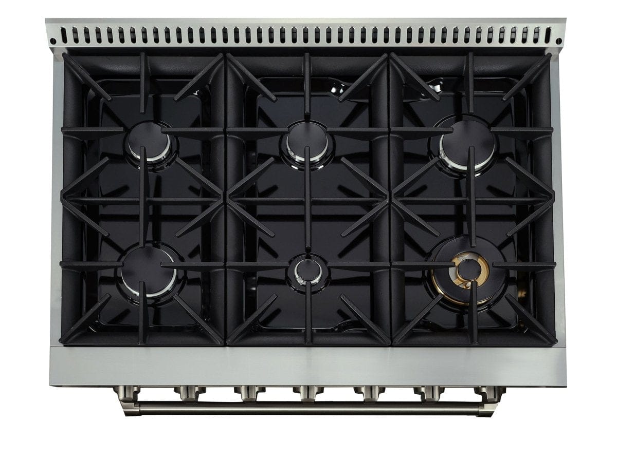 Top view of the Proline PLSR gas range from ProlineRangeHoods.com, with black grates and silver knobs for culinary excellence.