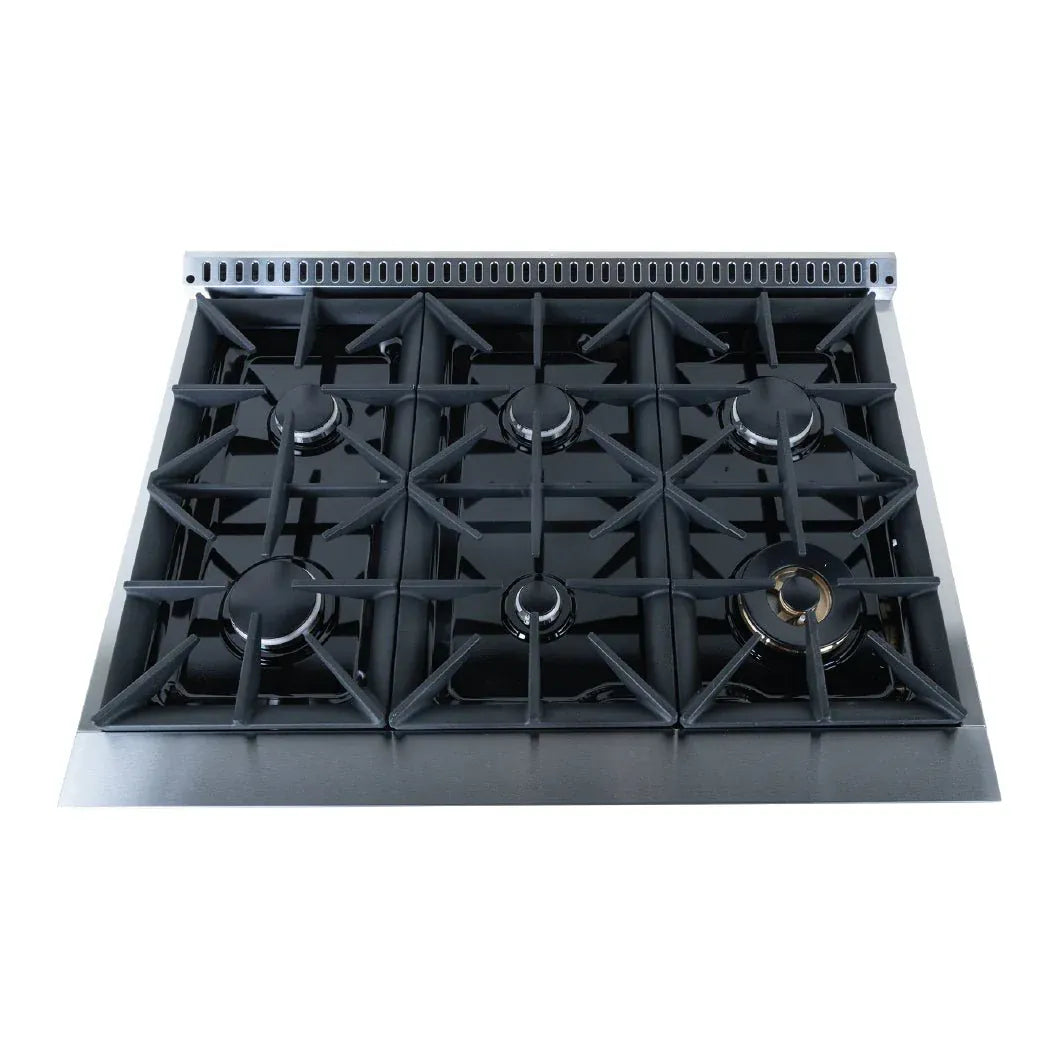 Top view of a stainless steel ProlineRangeHoods.com Dual Fuel Range, with 6 high-output burners & cast iron grates.