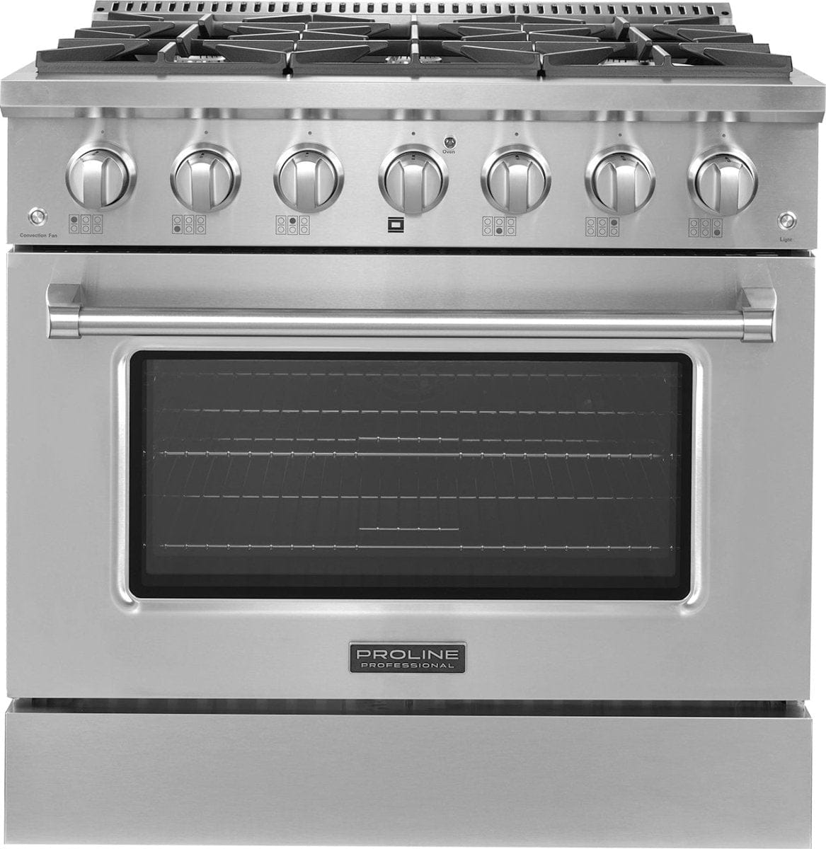 ProlineRangeHoods.com PLSR 36GG: 36" all-gas range, six burners, stainless steel, clear oven door.