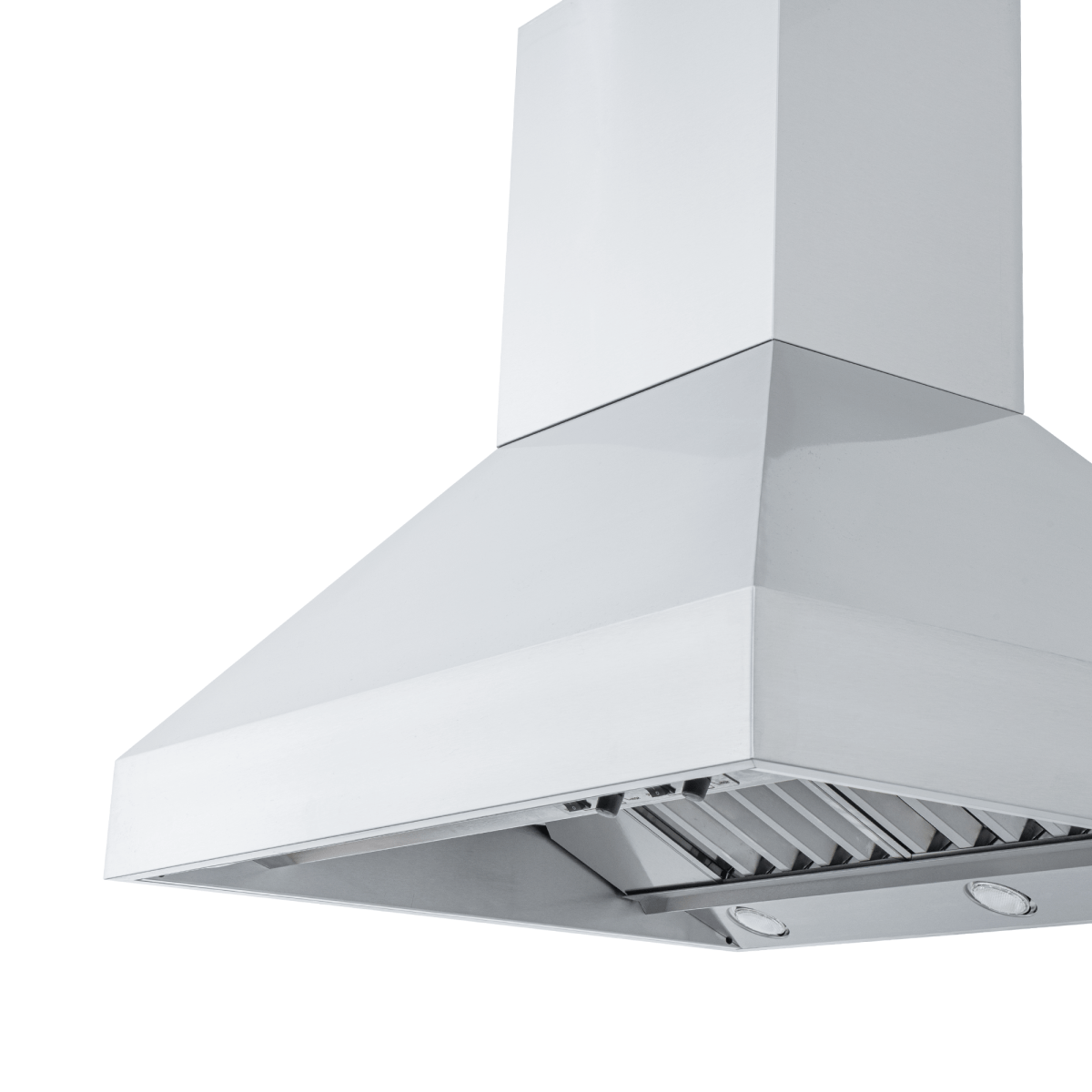 Close-up of Proline ProVI Ducted Island Range Hood, sleek stainless steel, on white. ProlineRangeHoods.com.