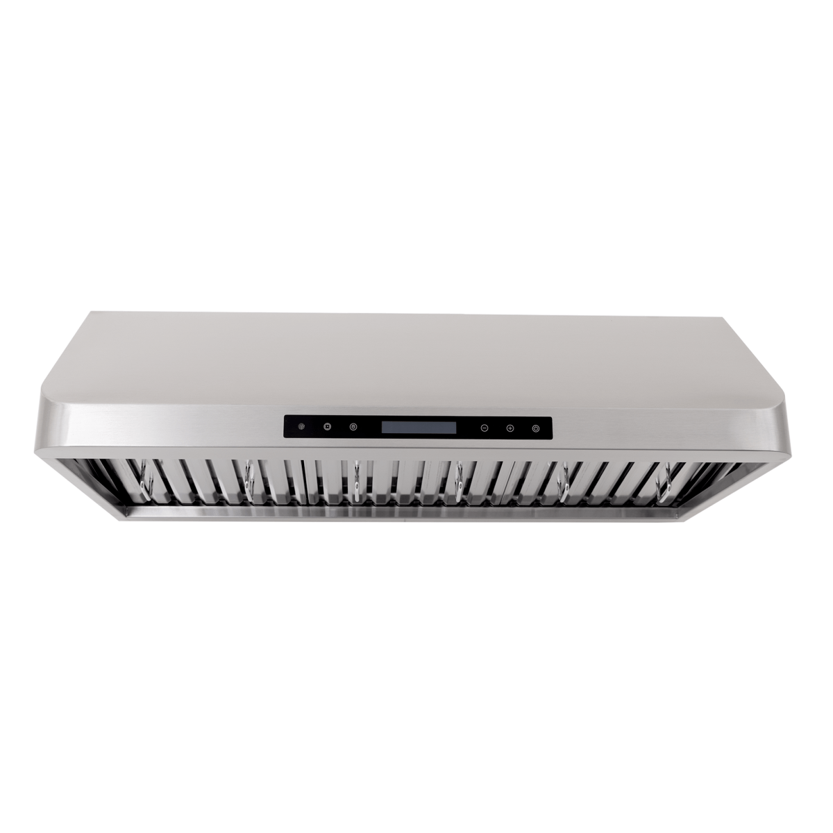 PLFW 115 under-cabinet range hood with stainless finish, 900 CFM, digital controls, shown from below. ProlineRangeHoods.com.