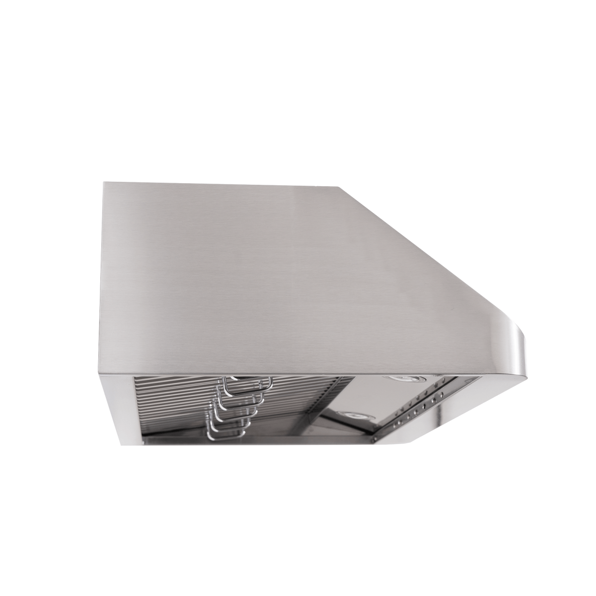 Proline PLFW 115 Range Hood with stainless baffle filters, 900 CFM finish. Shown from below. ProlineRangeHoods.com.