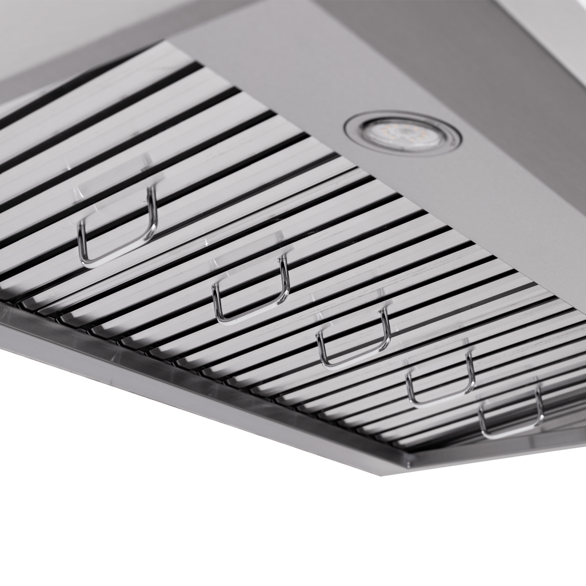 Close-up of Proline Range Hoods PLFW 115, stainless under-cabinet with baffle filters, 900 CFM. ProlineRangeHoods.com.