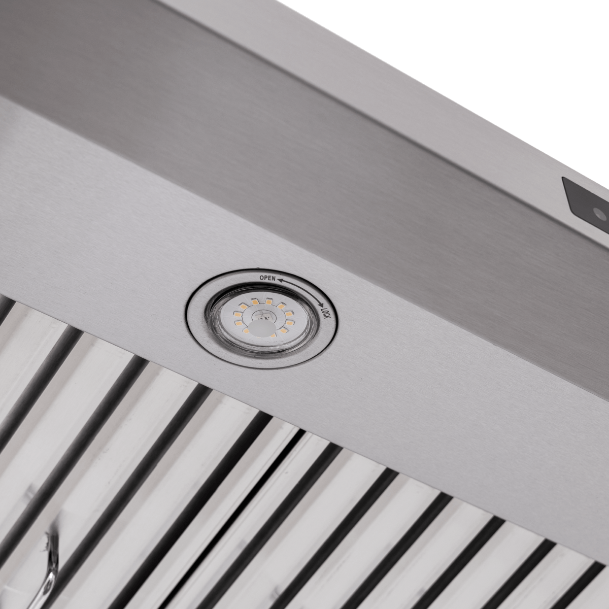 Close-up of Proline PLFW 115 Range Hood with LED light, 900 CFM, steel baffle filters. ProlineRangeHoods.com.