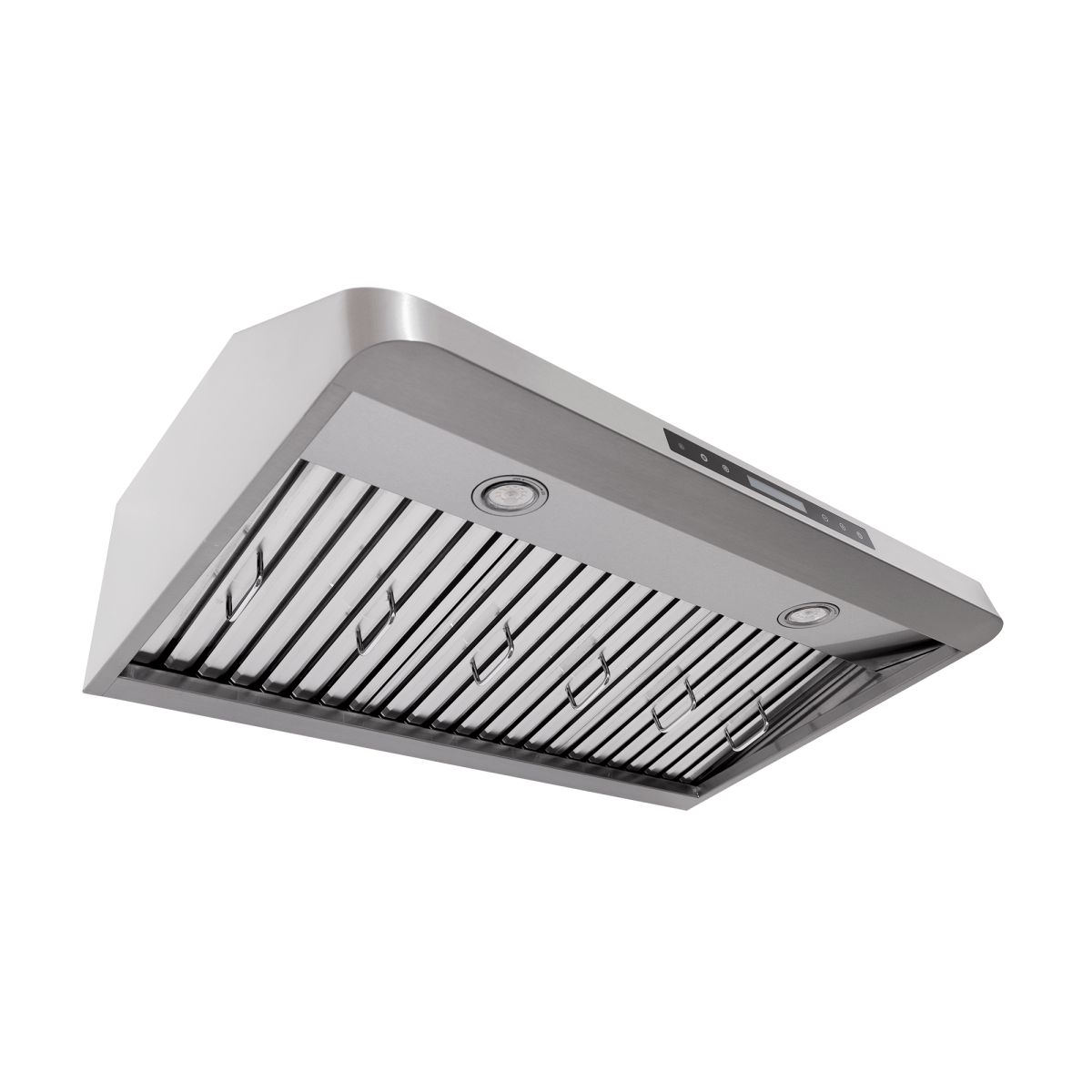 Proline PLFW 115 Under-Cabinet Range Hood: stainless finish, baffle filters, LEDs, 900 CFM. ProlineRangeHoods.com.