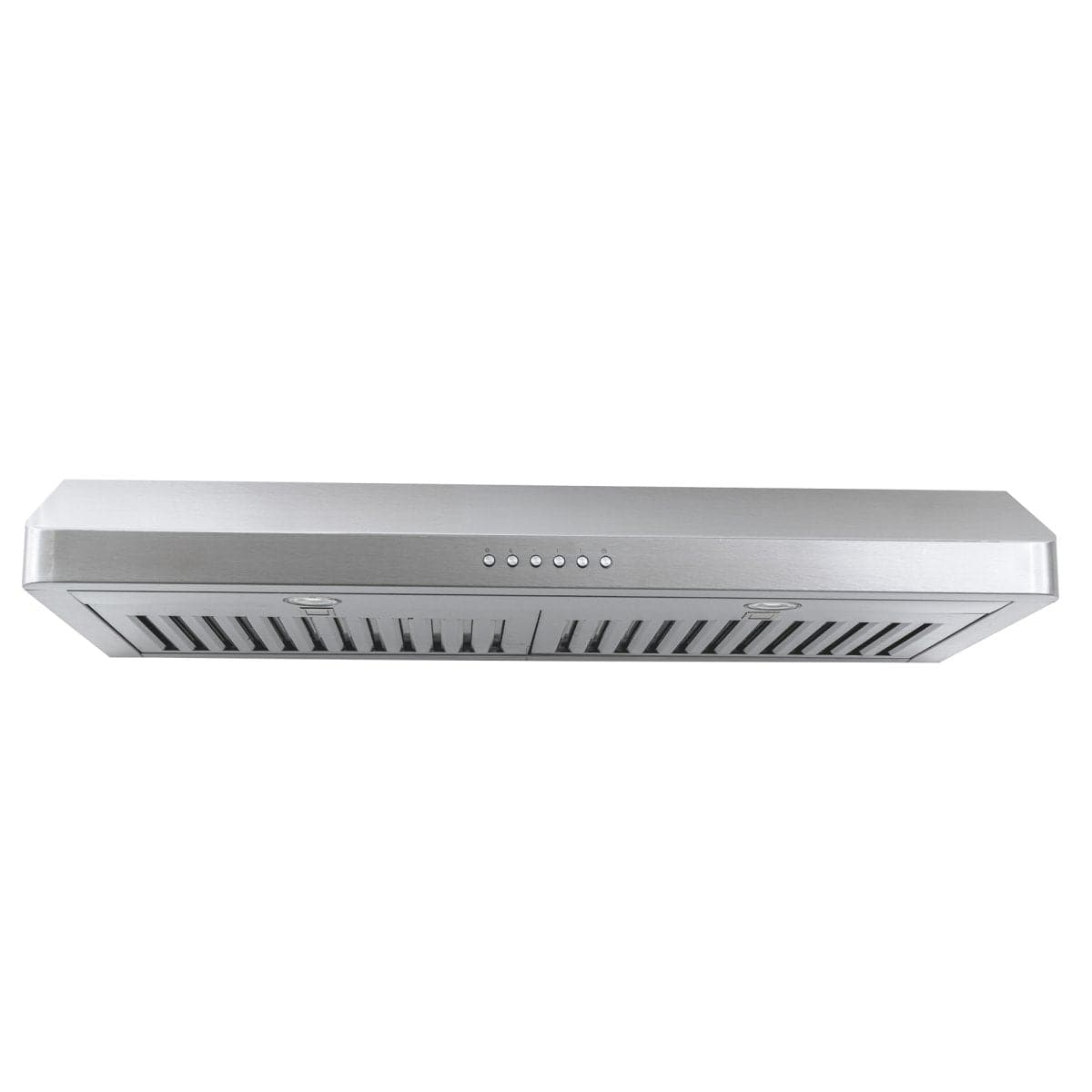 Proline PLJW 185 Slim Under-Cabinet Range Hood, stainless steel, 600 CFM—shown from below. ProlineRangeHoods.com.