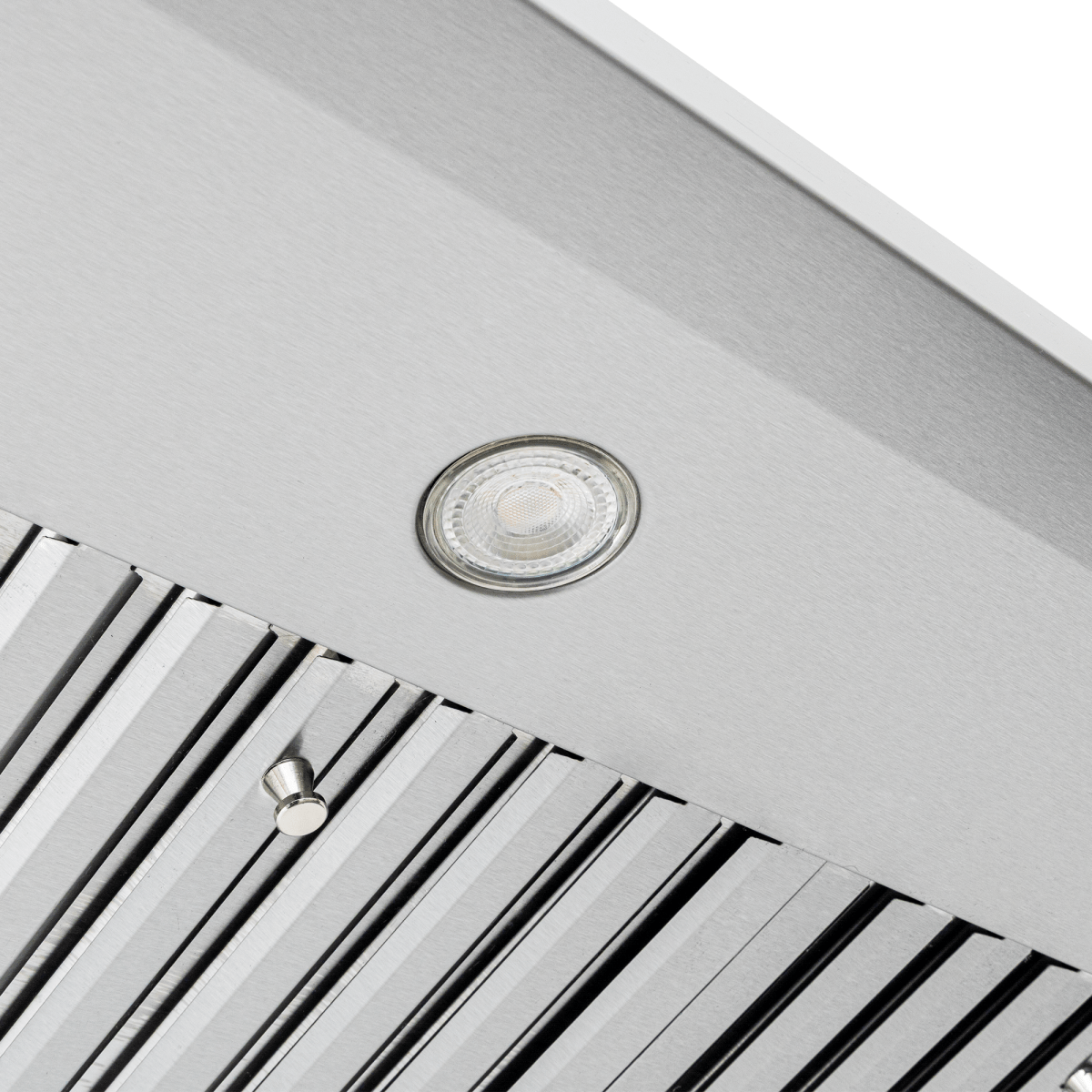 Close-up of Proline PLJW 117 stainless under-cabinet range hood with light, filters, 900 CFM airflow. ProlineRangeHoods.com.