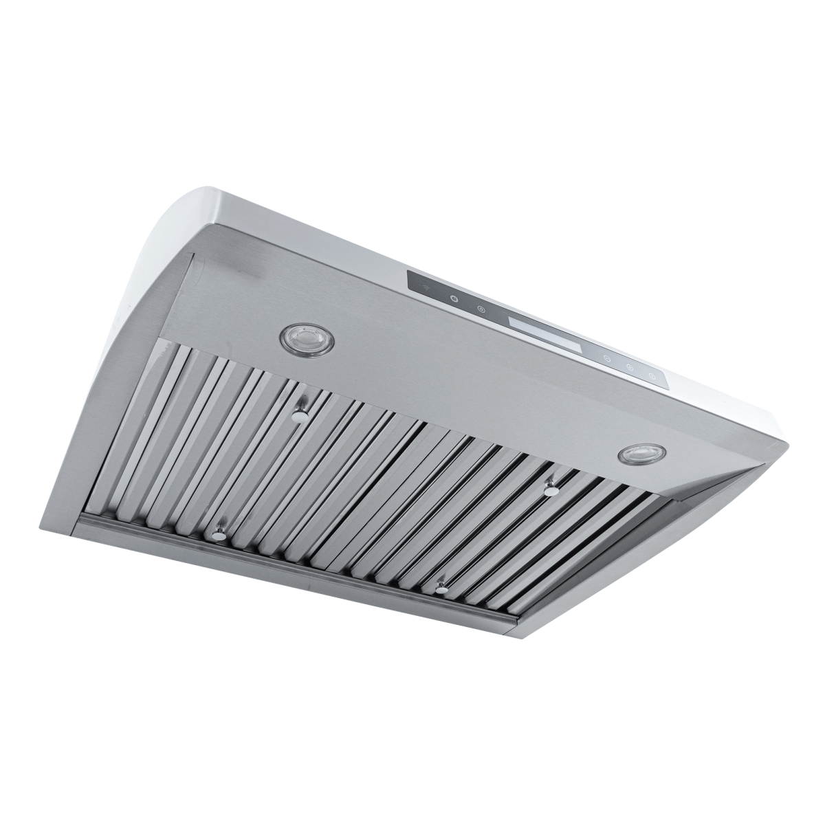ProlineRangeHoods.com PLJW 117 stainless under-cabinet range hood, 900 CFM, LED lights, vent grates, seen from below.