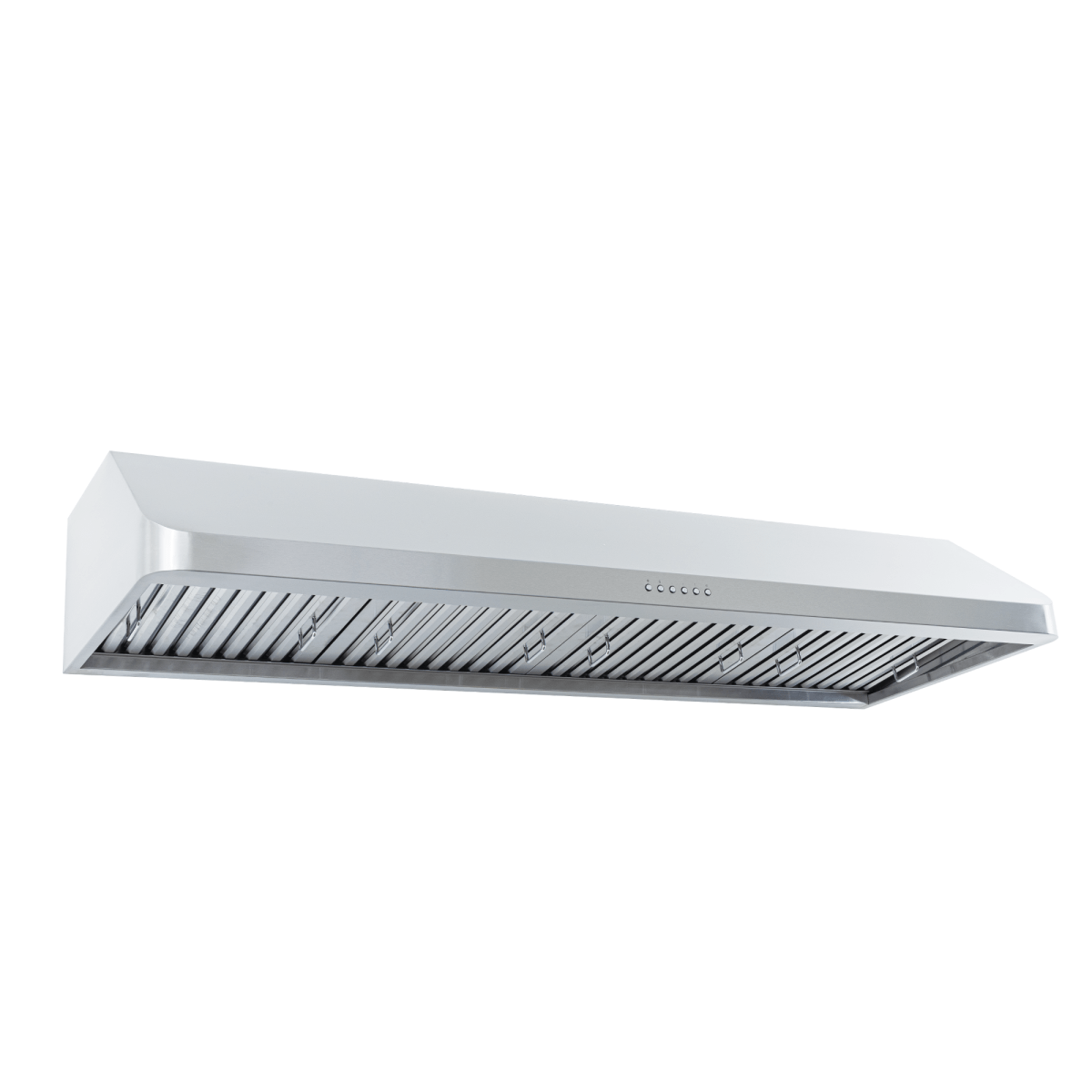 Proline PLJW 121 under-cabinet range hood, stainless steel, 900 CFM, baffle filters. Seen below at angle. ProlineRangeHoods.com.