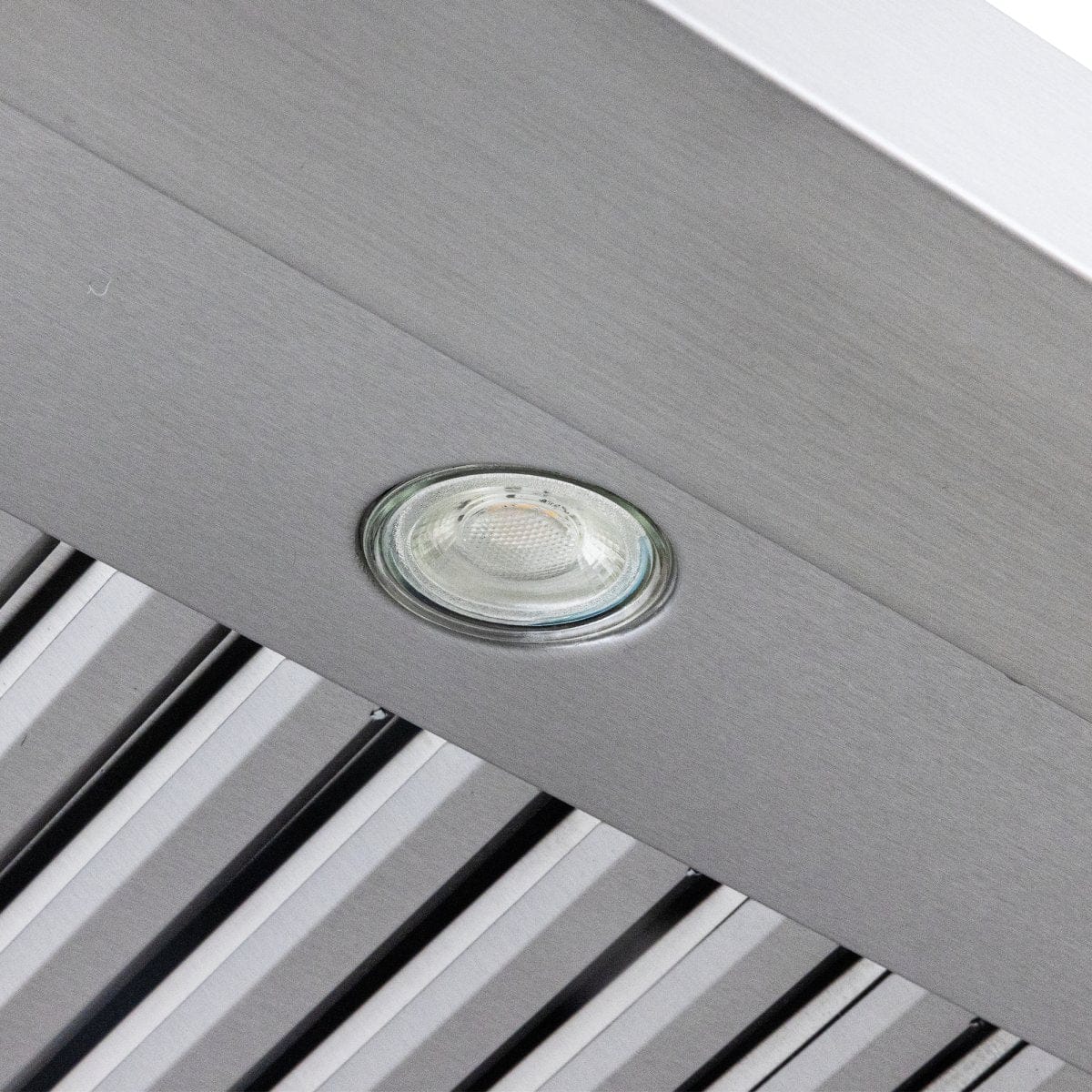 Close-up of Proline PLJW 121 Under-Cabinet Range Hood, stainless steel, 900 CFM. ProlineRangeHoods.com.