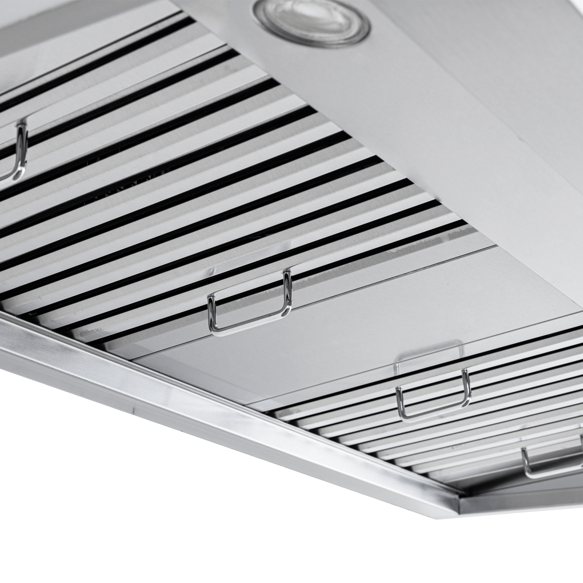 Close-up of PLJW 121 stainless steel range hood, ductless convertible, 900 CFM. ProlineRangeHoods.com.