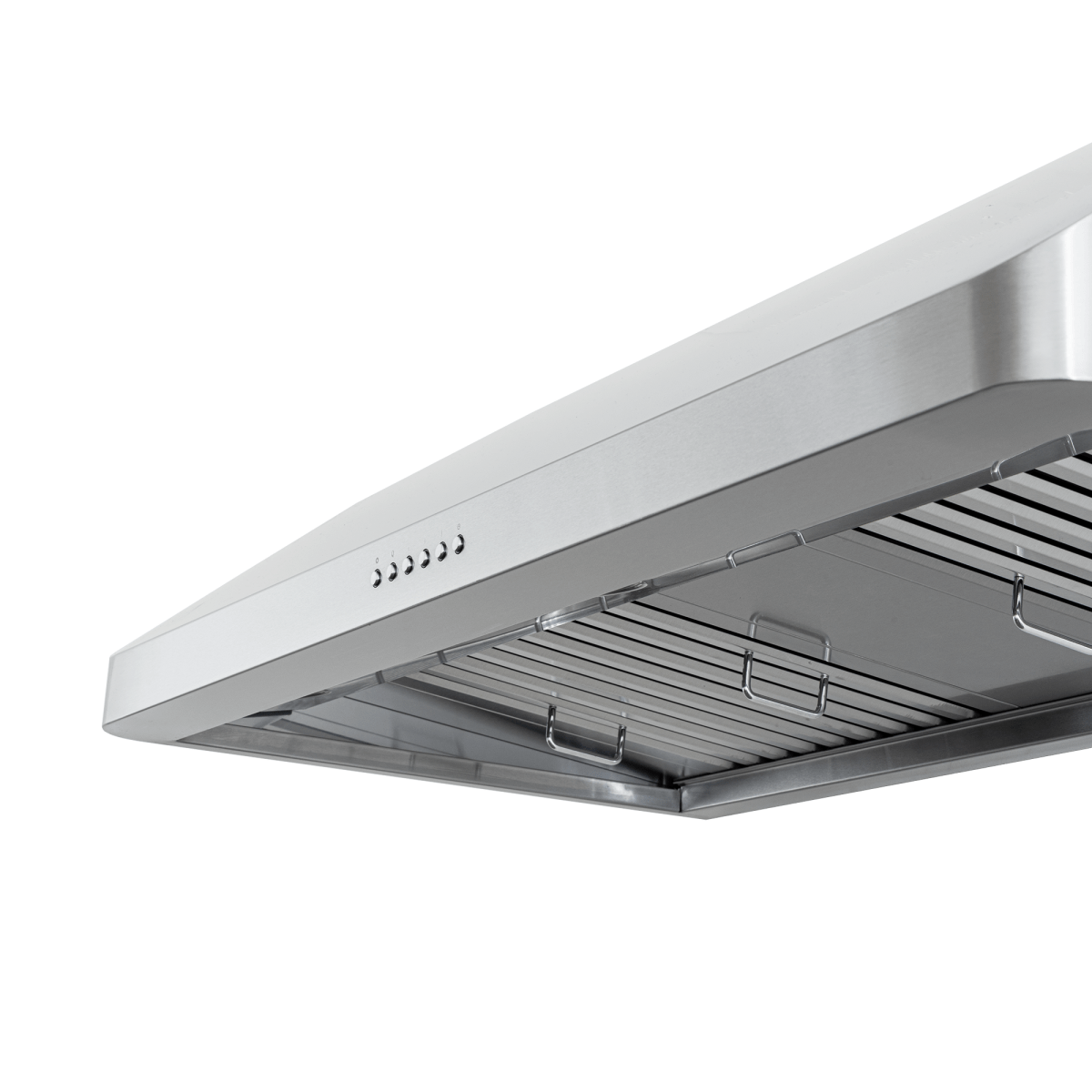 PLJW 121 under-cabinet range hood, stainless steel, 900 CFM, ductless option, buttons—angled view. ProlineRangeHoods.com.