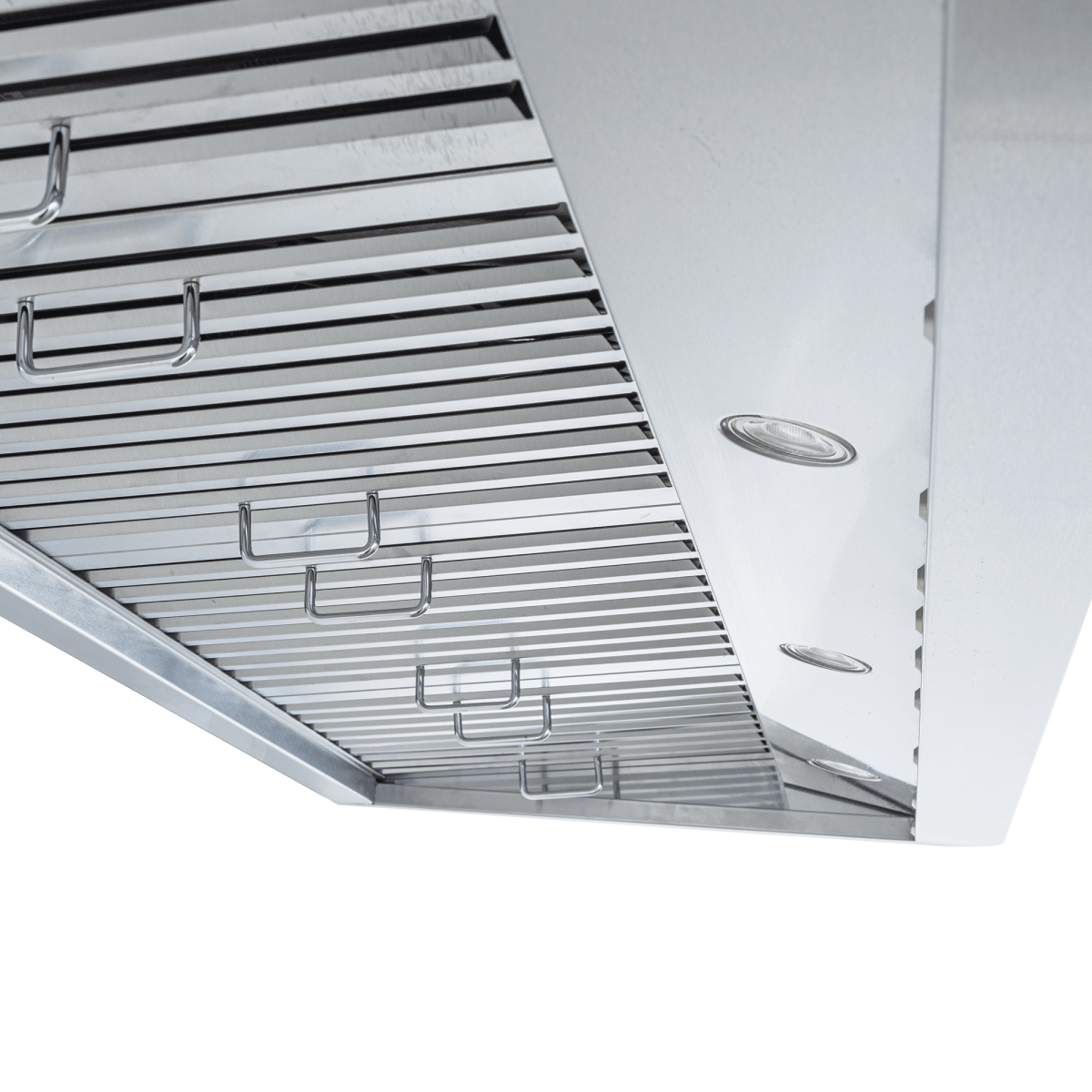Close-up of Proline PLJW 121 range hood, 900 CFM, stainless steel, vent slats, lights. ProlineRangeHoods.com.