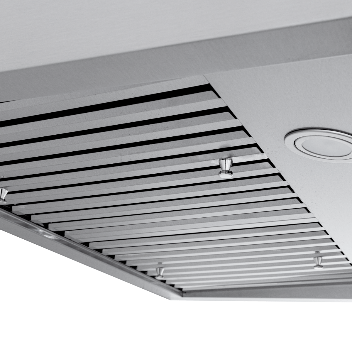 Close-up of Proline PLJW 133 Ductless Range Hood, stainless finish, vent panels, light; ProlineRangeHoods.com.