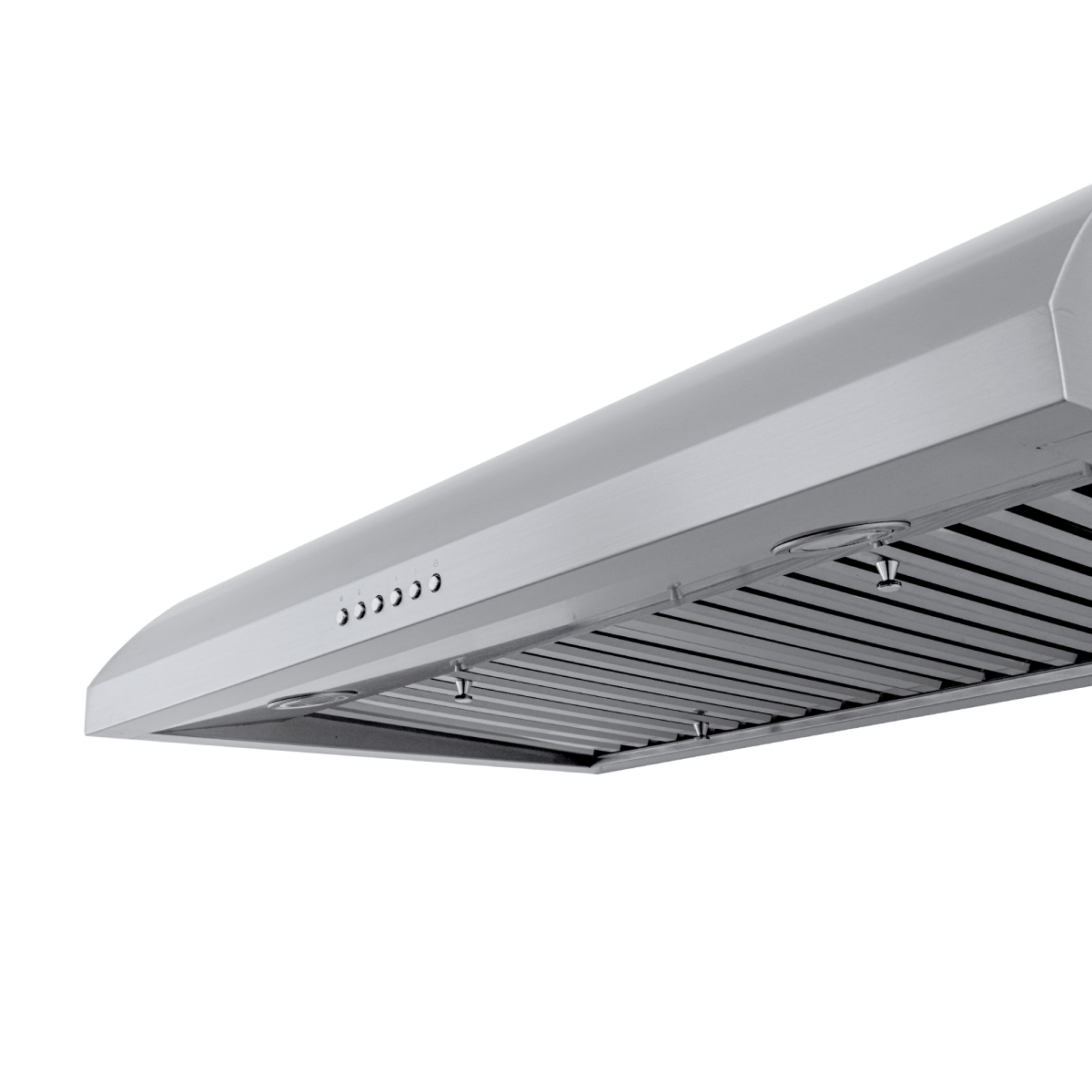 Proline PLJW 133 ductless stainless range hood, vent slats and controls shown from below. ProlineRangeHoods.com.