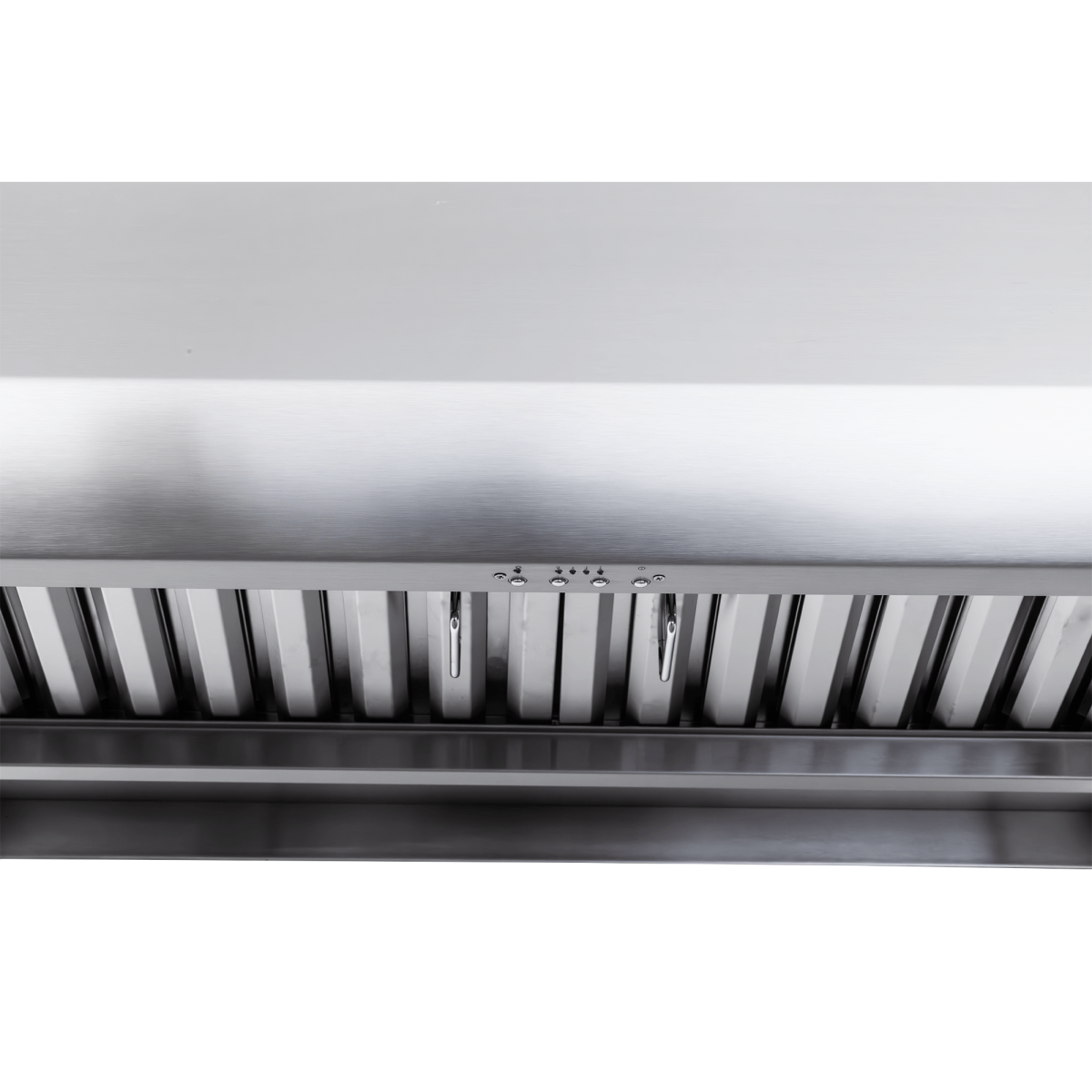 Close-up of Proline PLJW 109 range hood, stainless finish, control buttons, vents. Outdoor rated. ProlineRangeHoods.com.