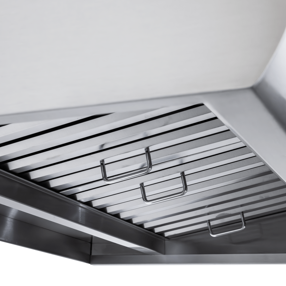 Close-up of Proline PLJW 109 range hood, stainless steel, metal slats, 3 handles; convertible, ProlineRangeHoods.com.
