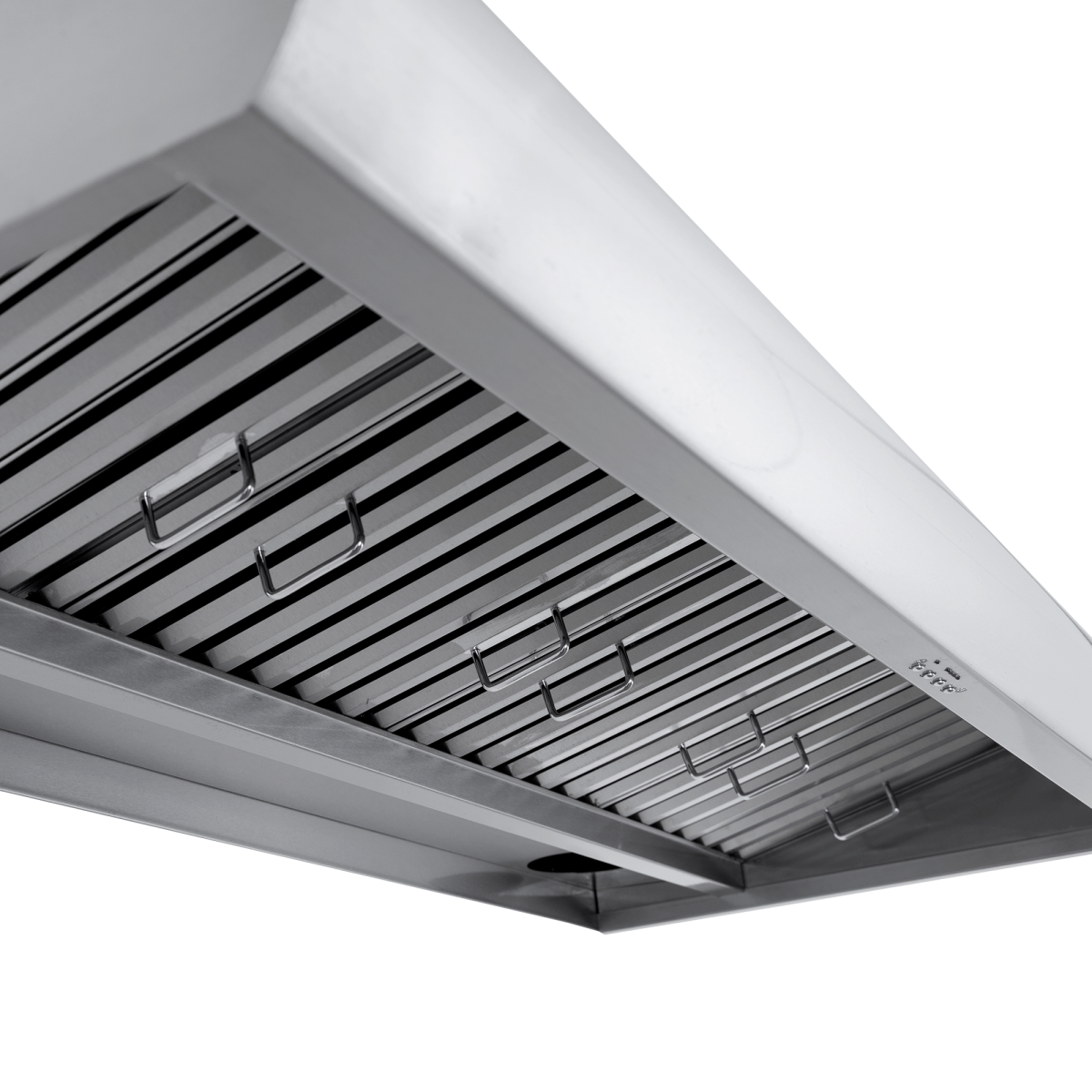 Close-up of Proline PLJW 109 stainless range hood with metal slats, 1000/2000 CFM, at ProlineRangeHoods.com.