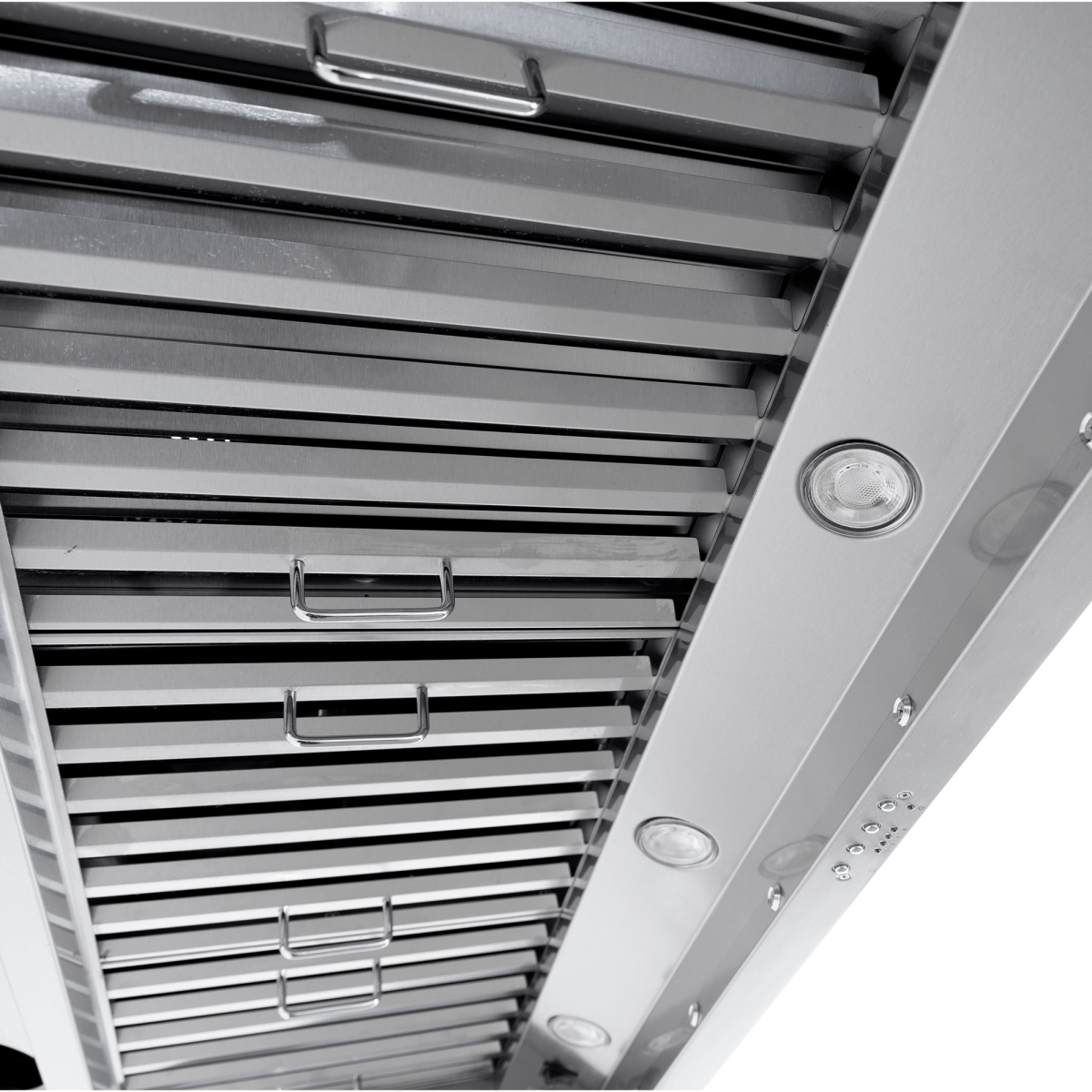 Close-up of Proline PLJW 109 stainless wall range hood, vent slats, built-in lights. ProlineRangeHoods.com.