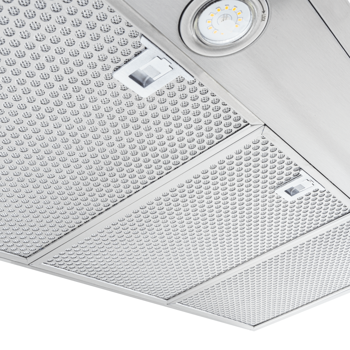 Close-up of Proline PLFW 520 range hood in black/stainless, buttons, light, 600/1200 CFM. ProlineRangeHoods.com.