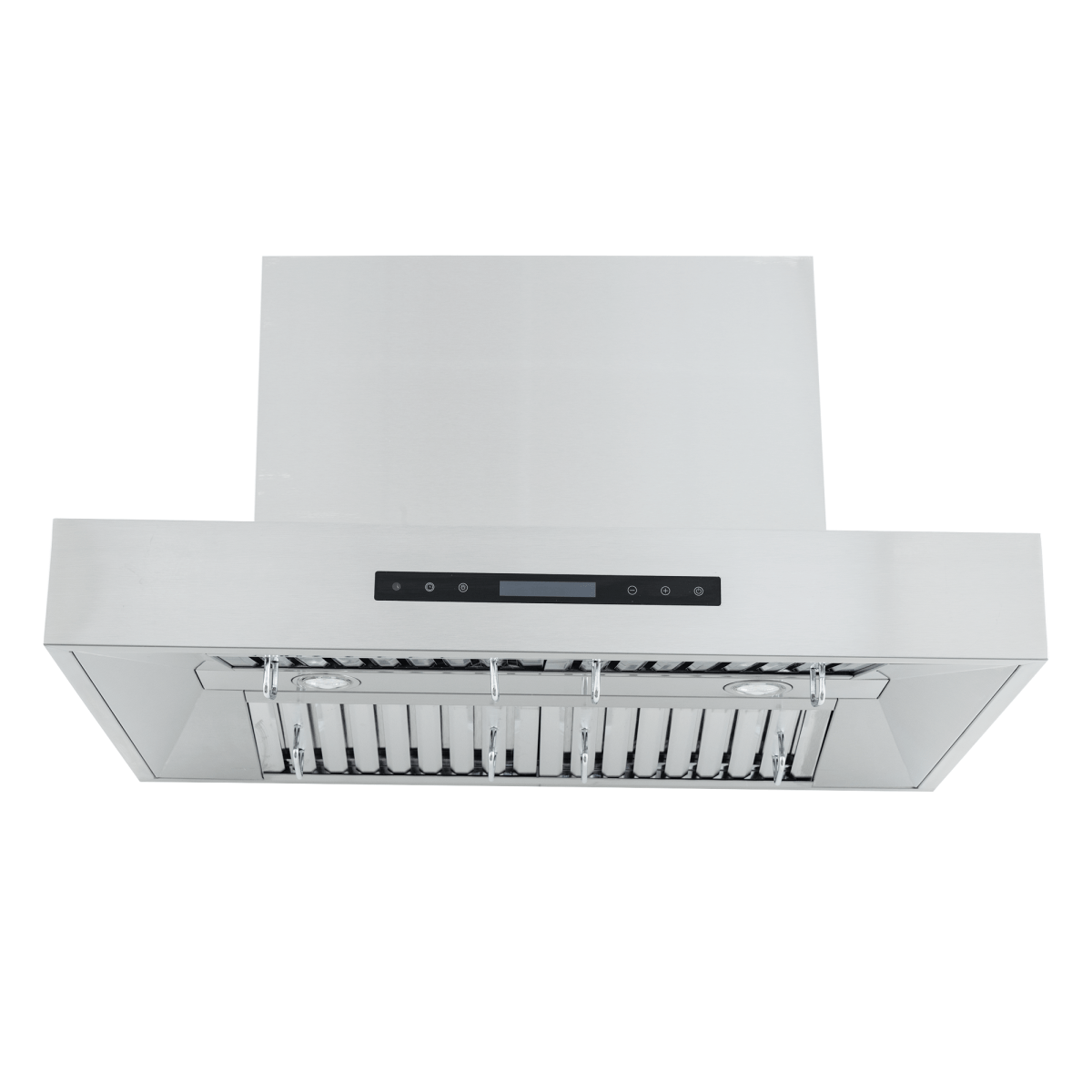 Proline PLFW 755 wall-mounted range hood, 1100 CFM dual motors, stainless steel, filters—shown below. ProlineRangeHoods.com.