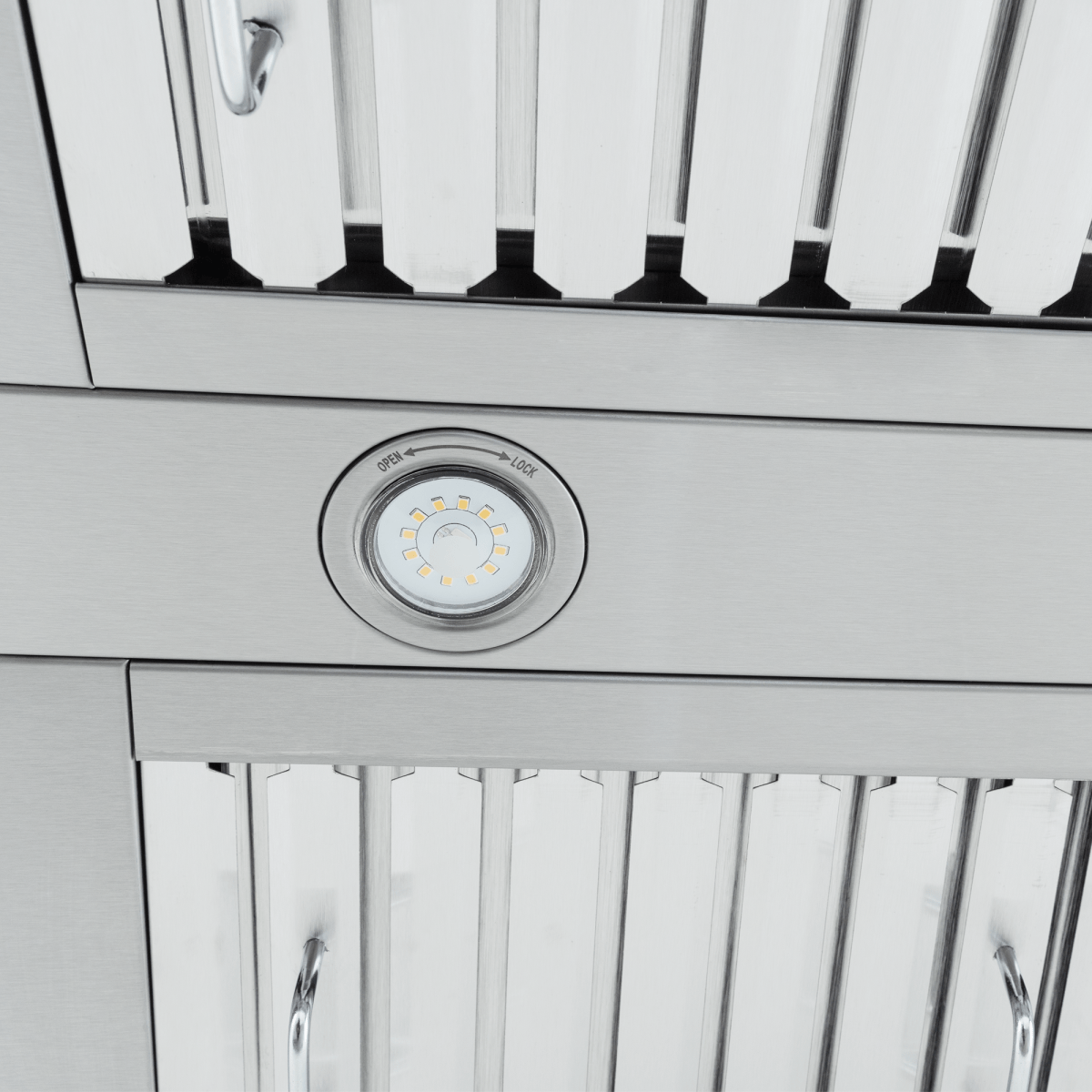 Close-up of Proline PLFW 755 wall-mounted stainless hood, dual 1100 CFM motors, at ProlineRangeHoods.com.