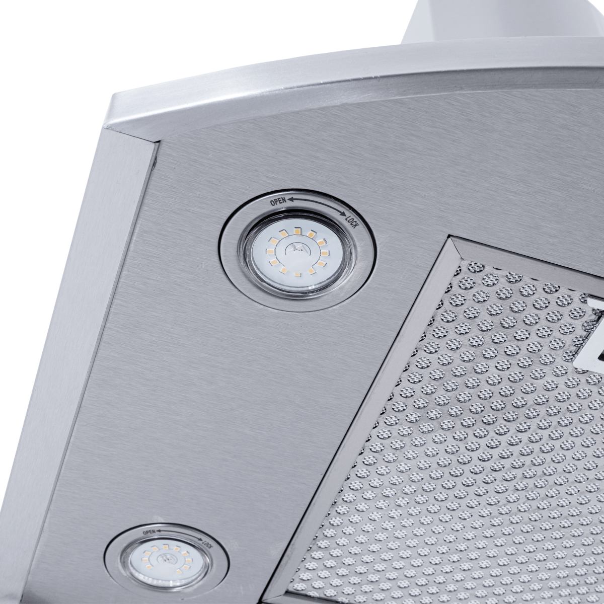 Close-up of two round LED lights and a vent on the stainless Proline Vector Range Hood; modern, efficient—ProlineRangeHoods.com.