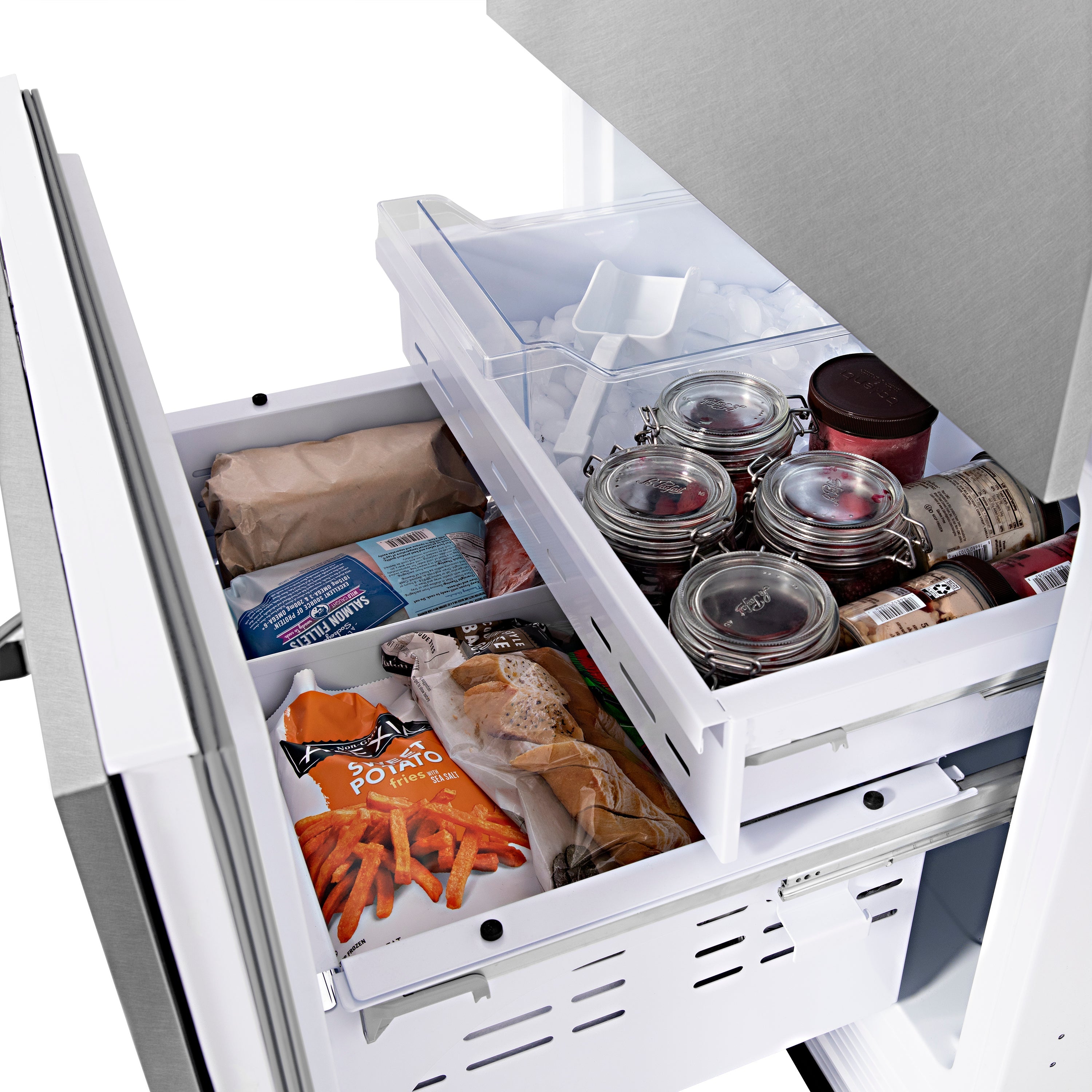 ZLINE Autograph Edition 30 in. 16.1 cu. ft. Built-In Bottom Freezer Refrigerator with Water Dispenser and Ice Maker in Satin Stainless Steel with Champagne Bronze Accents (RBIVZ-SN-30-CB)