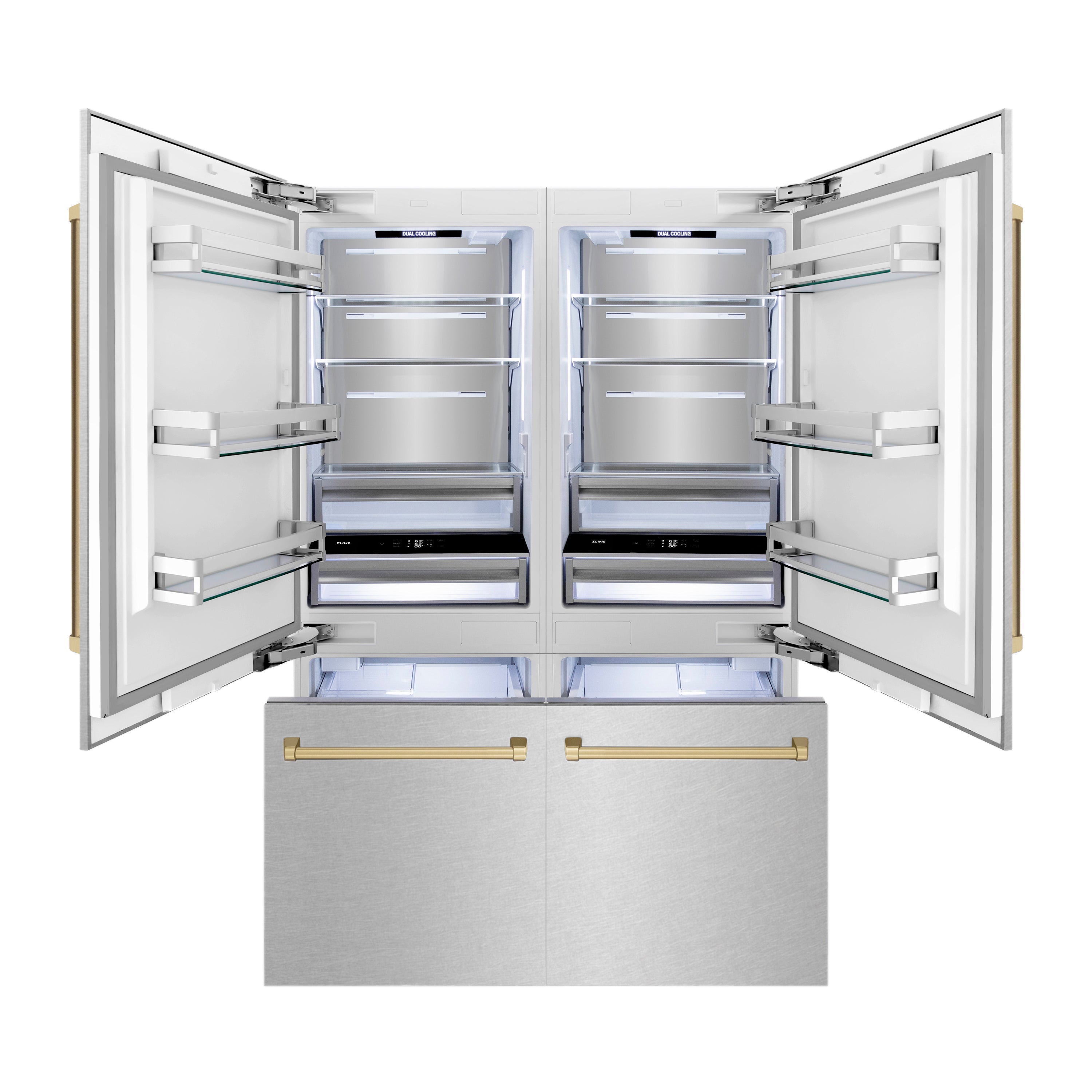 ZLINE Autograph Edition 60 in. 32.2 cu. ft. French Door Built-In Bottom Freezer Refrigerator with Water Dispenser and Ice Maker in Satin Stainless Steel with Champagne Bronze Accents (RBIVZ-SN-60-CB)