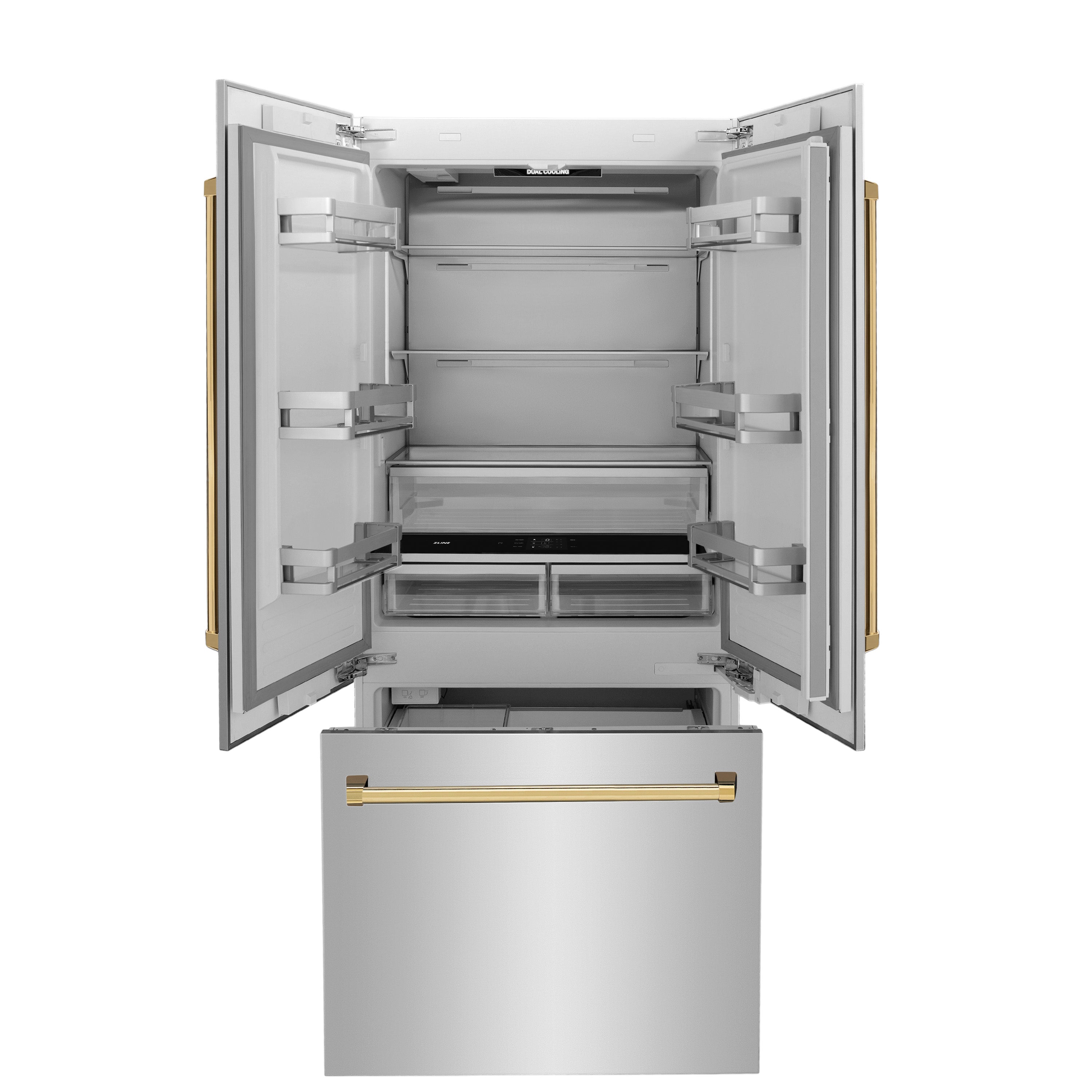 ZLINE Autograph Edition 36 in. 19.6 cu. ft. French Door Built-In Bottom Freezer Refrigerator with Water Dispenser and Ice Maker in Stainless Steel with Polished Gold Accents (RBIVZ-304-36-G)