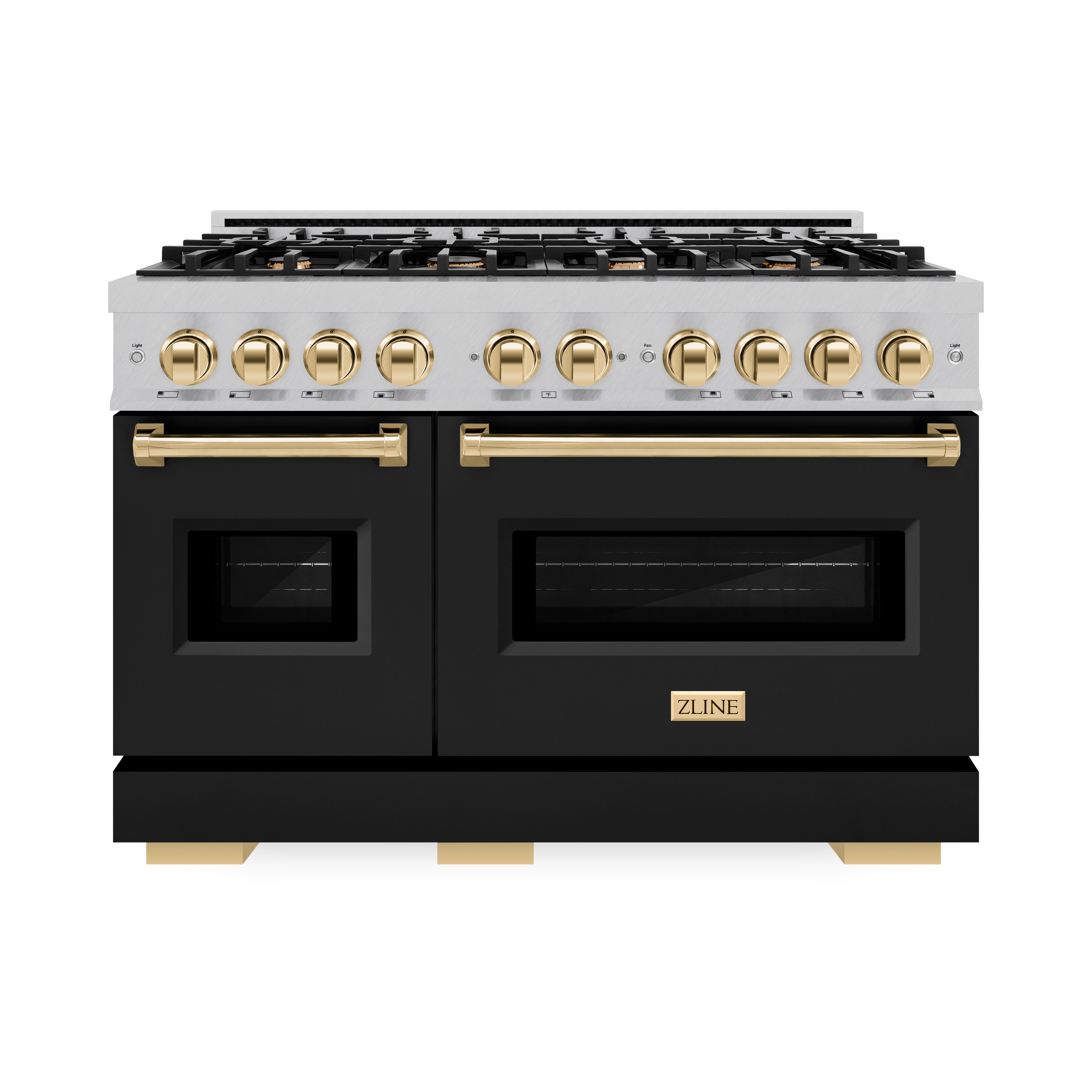 ZLINE Autograph Edition 48 in. 6.7 cu. ft. Classic Double Oven Dual Fuel Range with 8 Burner Gas Cooktop in Satin Stainless Steel with Black Matte Doors and Polished Gold Accents (CDRSZ-BLM-48-G)