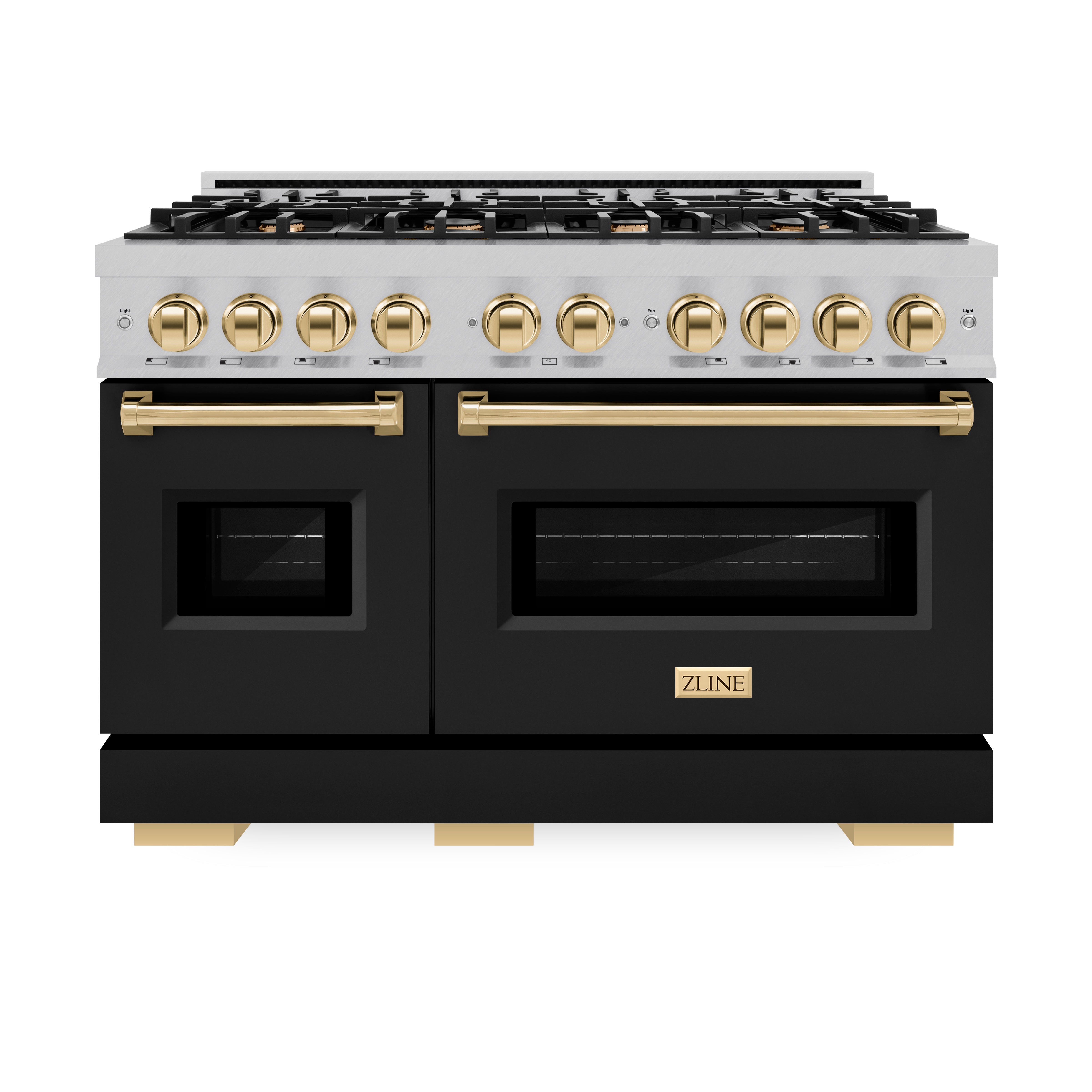 ZLINE Autograph Edition 48 in. 6.7 cu. ft. Classic Double Oven Gas Range with 8 Burner Cooktop in Satin Stainless Steel with Black Matte Doors and Polished Gold Accents (CGRSZ-BLM-48-G)
