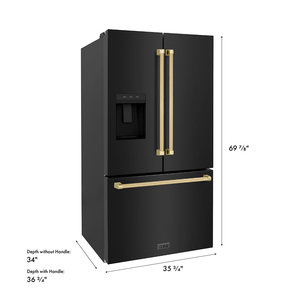 ZLINE Autograph Edition 36 in. 28.9 cu. ft. Standard-Depth French Door External Water Dispenser Refrigerator with Dual Ice Maker in Fingerprint-Resistant Black Stainless Steel and Champagne Bronze Traditional Handles (RSMZ-W-36-BS-CB)