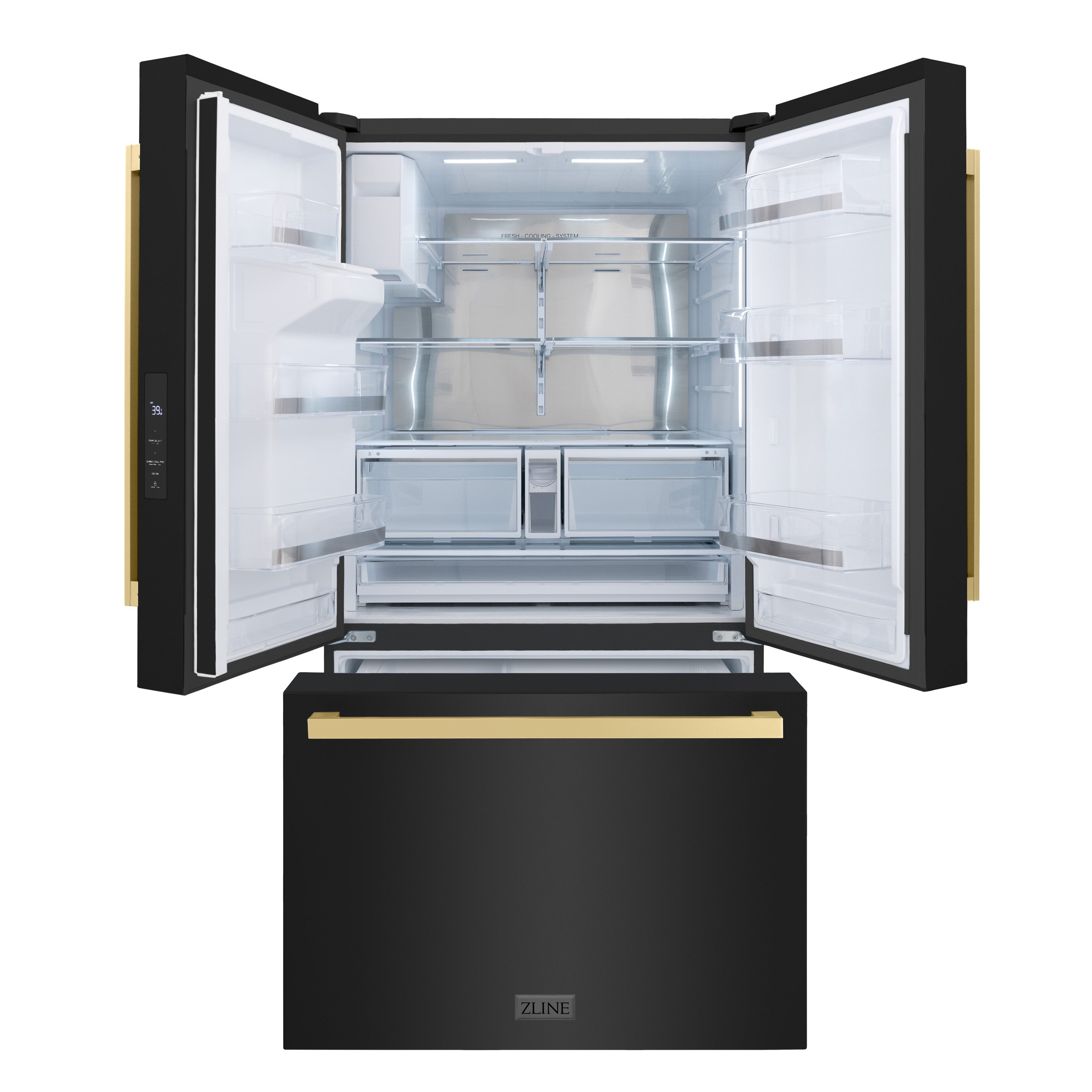 ZLINE Autograph Edition 36 in. 28.9 cu. ft. Standard-Depth French Door External Water Dispenser Refrigerator with Dual Ice Maker in Black Stainless Steel and Champagne Bronze Square Handles (RSMZ-W-36-BS-FCB)