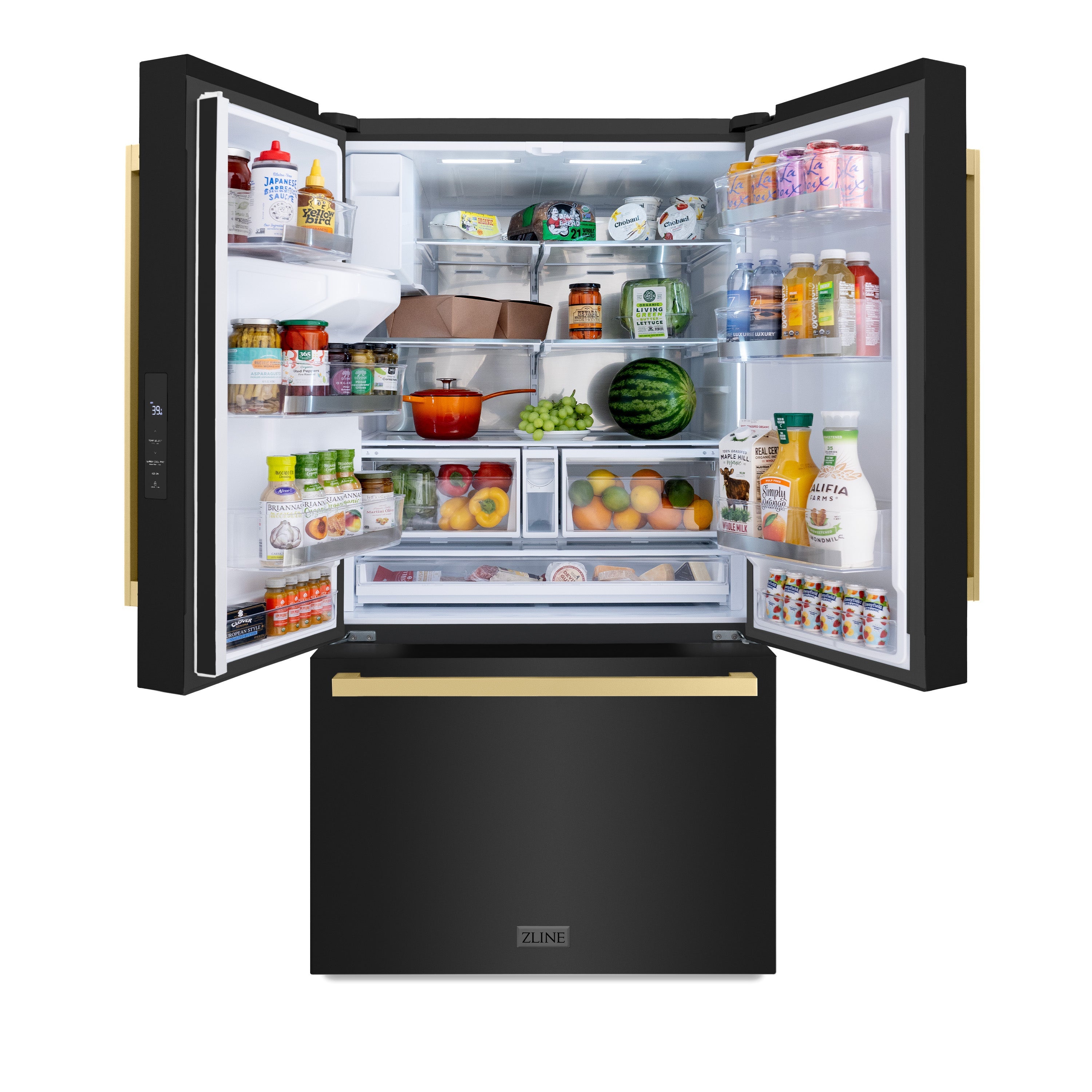 ZLINE Autograph Edition 36 in. 28.9 cu. ft. Standard-Depth French Door External Water Dispenser Refrigerator with Dual Ice Maker in Black Stainless Steel and Champagne Bronze Square Handles (RSMZ-W-36-BS-FCB)