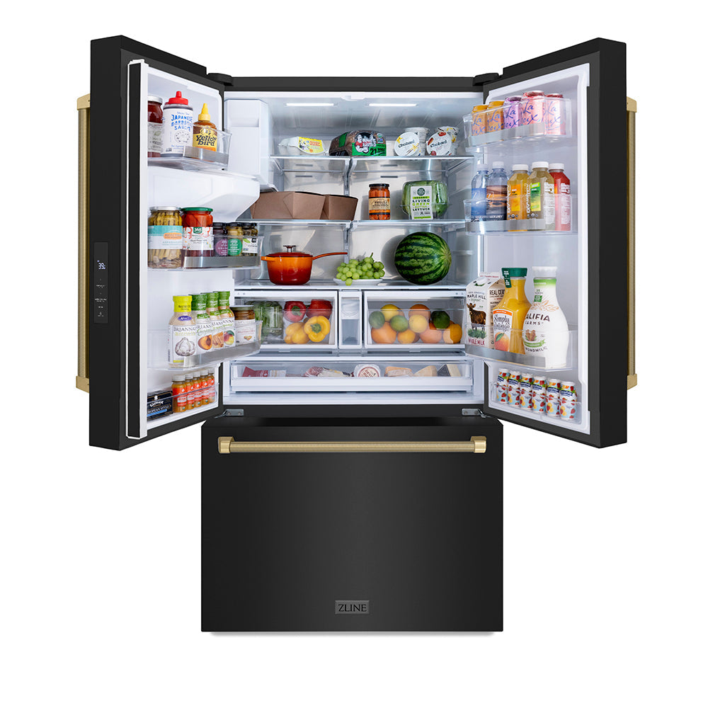 ZLINE Autograph Edition 36 in. 28.9 cu. ft. Standard-Depth French Door External Water Dispenser Refrigerator with Dual Ice Maker in Fingerprint-Resistant Black Stainless Steel and Champagne Bronze Helix Handles (RSMZ-W36-BS-KCB)