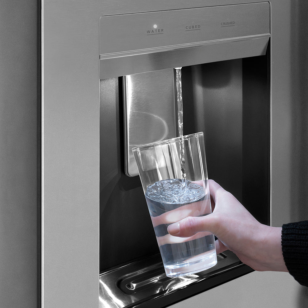 ZLINE Autograph Edition 36 in. 28.9 cu. ft. Standard-Depth French Door External Water Dispenser Refrigerator with Dual Ice Maker in Fingerprint-Resistant Stainless Steel and Champagne Bronze Traditional Handles (RSMZ-W-36-CB)