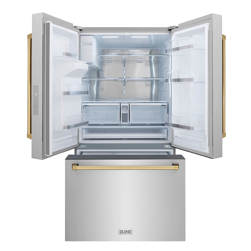 ZLINE Autograph Edition 36 in. 28.9 cu. ft. Standard-Depth French Door External Water Dispenser Refrigerator with Dual Ice Maker in Fingerprint-Resistant Stainless Steel and Polished Gold Traditional Handles (RSMZ-W-36-G)