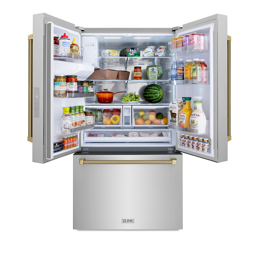 ZLINE Autograph Edition 36 in. 28.9 cu. ft. Standard-Depth French Door External Water Dispenser Refrigerator with Dual Ice Maker in Fingerprint-Resistant Stainless Steel and Champagne Bronze Helix Handles (RSMZ-W-36-KCB)