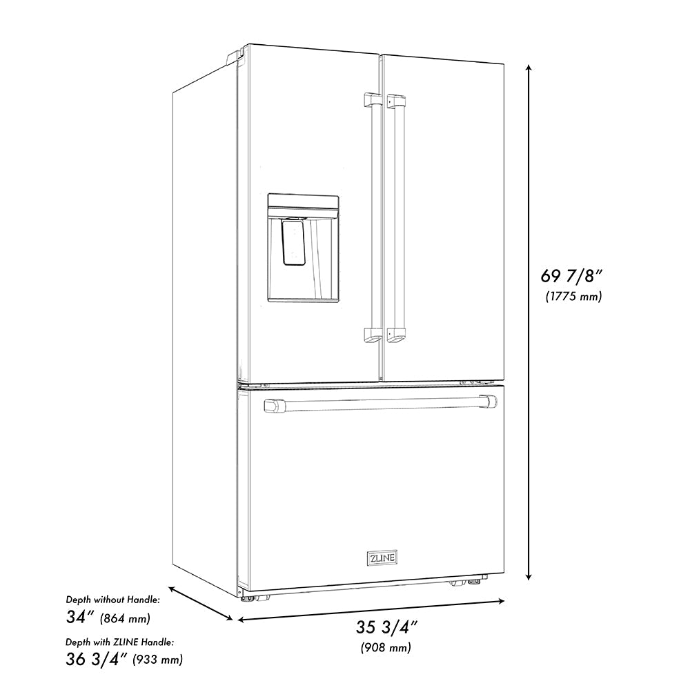 ZLINE Autograph Edition 36 in. 28.9 cu. ft. Standard-Depth French Door External Water Dispenser Refrigerator with Dual Ice Maker in Fingerprint-Resistant Stainless Steel and Polished Gold Helix Handles (RSMZ-W-36-KG)