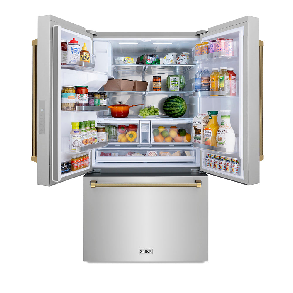 ZLINE Autograph Edition 36 in. 28.9 cu. ft. Standard-Depth French Door External Water Dispenser Refrigerator with Dual Ice Maker in Fingerprint-Resistant Stainless Steel and Polished Gold Helix Handles (RSMZ-W-36-KG)