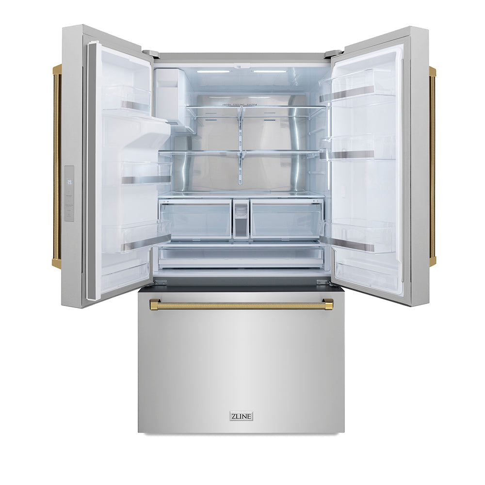 ZLINE Autograph Edition 36 in. 28.9 cu. ft. Standard-Depth French Door External Water Dispenser Refrigerator with Dual Ice Maker in Fingerprint-Resistant Stainless Steel and Polished Gold Helix Handles (RSMZ-W-36-KG)