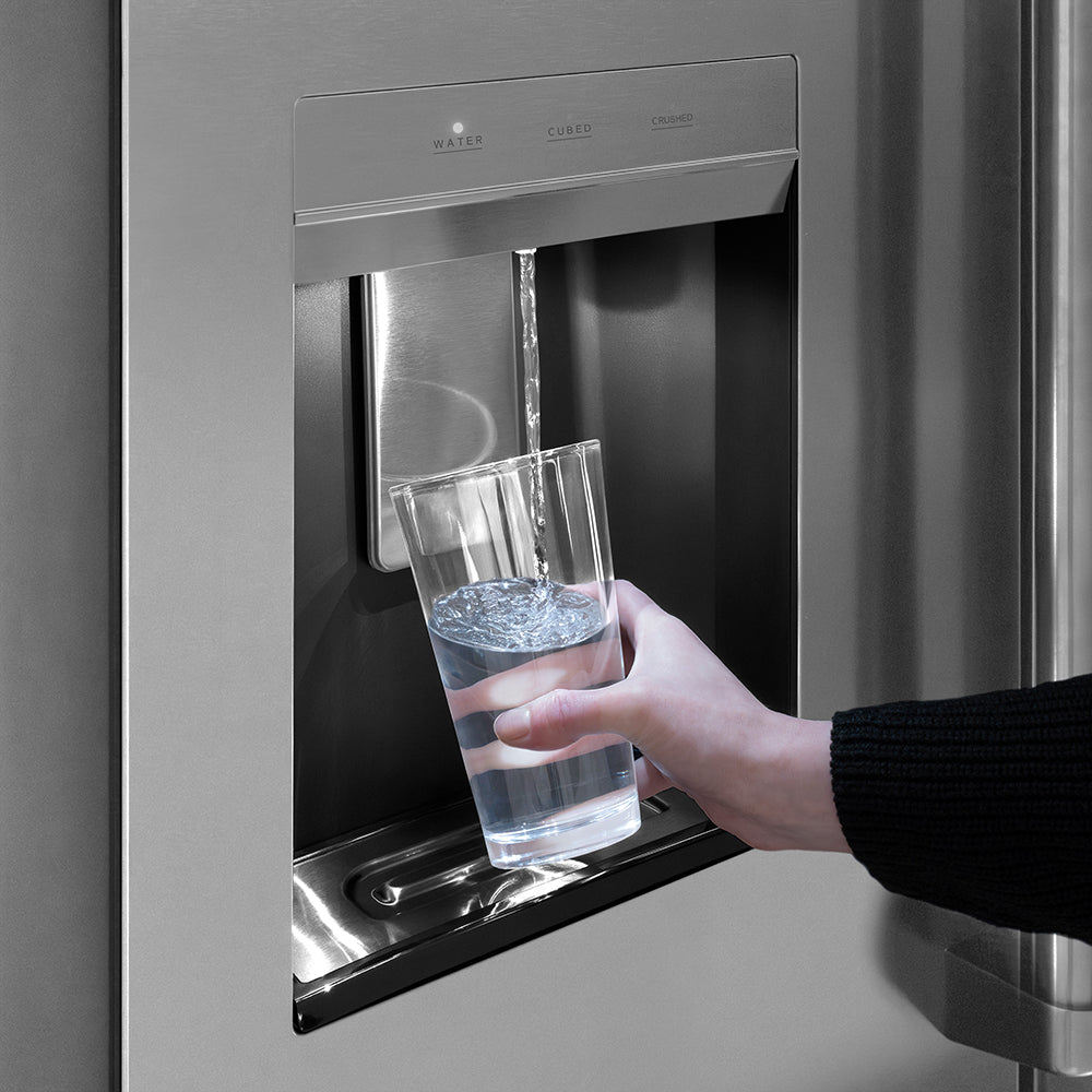 ZLINE Autograph Edition 36 in. 28.9 cu. ft. Standard-Depth French Door External Water Dispenser Refrigerator with Dual Ice Maker in Fingerprint-Resistant Stainless Steel and Polished Nickel Helix Handles (RSMZ-W-36-KPN)