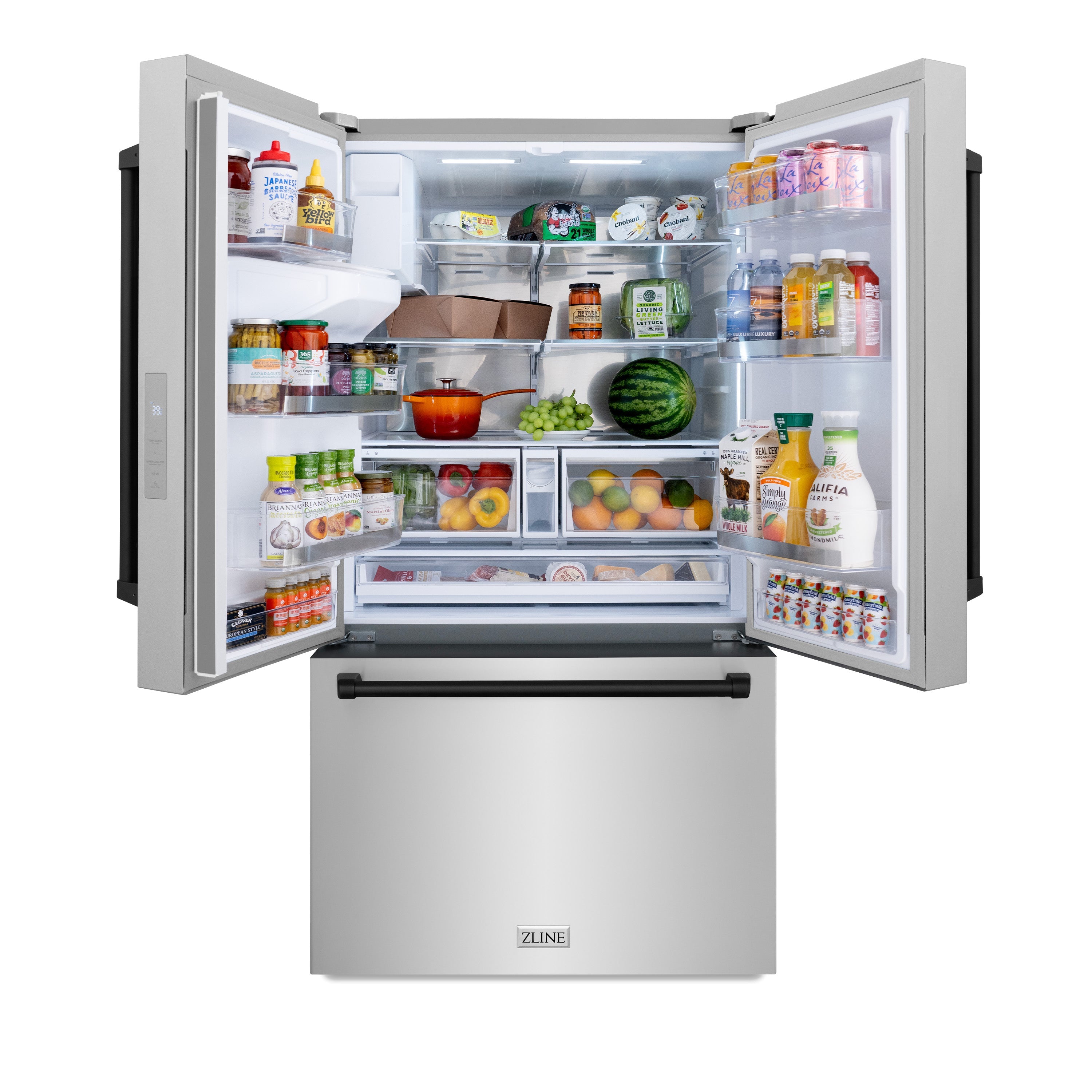 ZLINE Autograph Edition 36 in. 28.9 cu. ft. Standard-Depth French Door External Water Dispenser Refrigerator with Dual Ice Maker in Fingerprint-Resistant Stainless Steel and Matte Black Traditional Handles (RSMZ-W-36-MB)