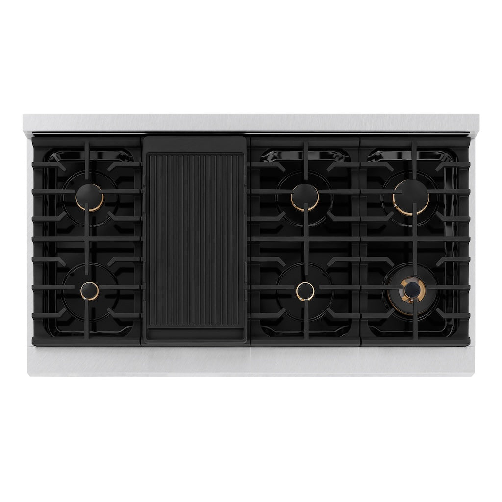 ZLINE Autograph Edition 48 in. 6.7 cu. ft. Paramount Double Oven Gas Range with 8 Burner Cooktop in Satin Stainless Steel and Polished Gold Accents (SGRSZ-48-G)