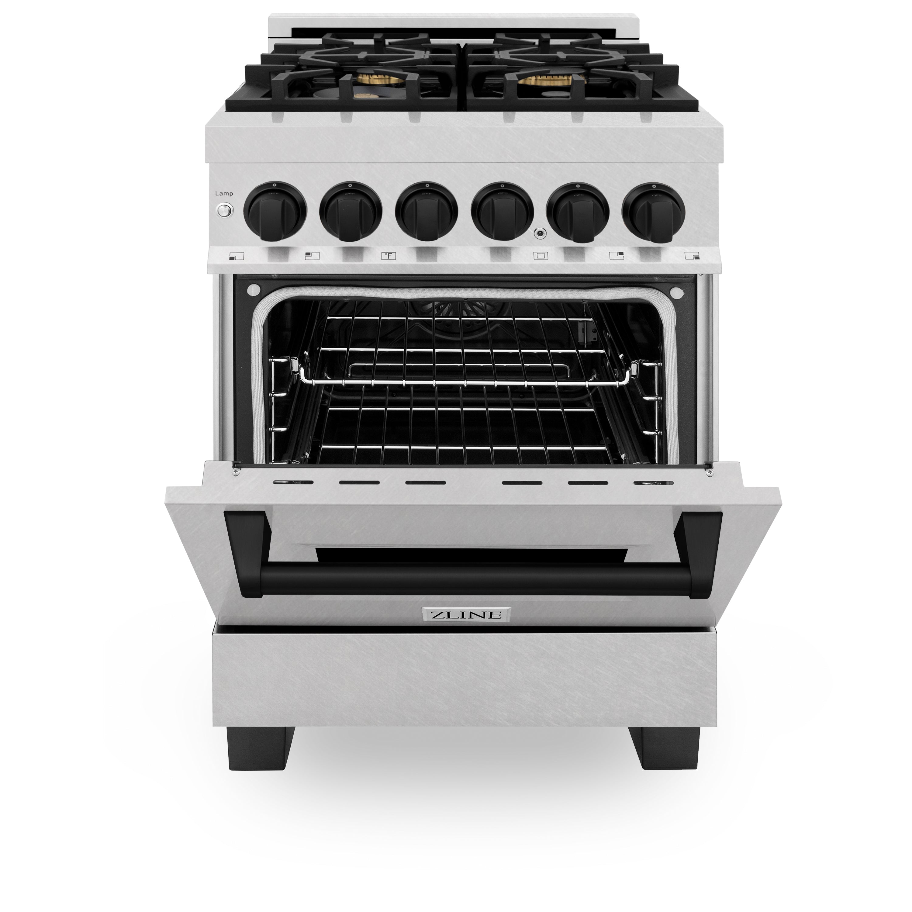 ZLINE Autograph Edition 24 in. 2.8 cu. ft. Legacy Dual Fuel Range with 4 Burner Gas Cooktop and Electric Convection Oven in Satin Stainless Steel and Matte Black Accents (RASZ-SN-24-MB)