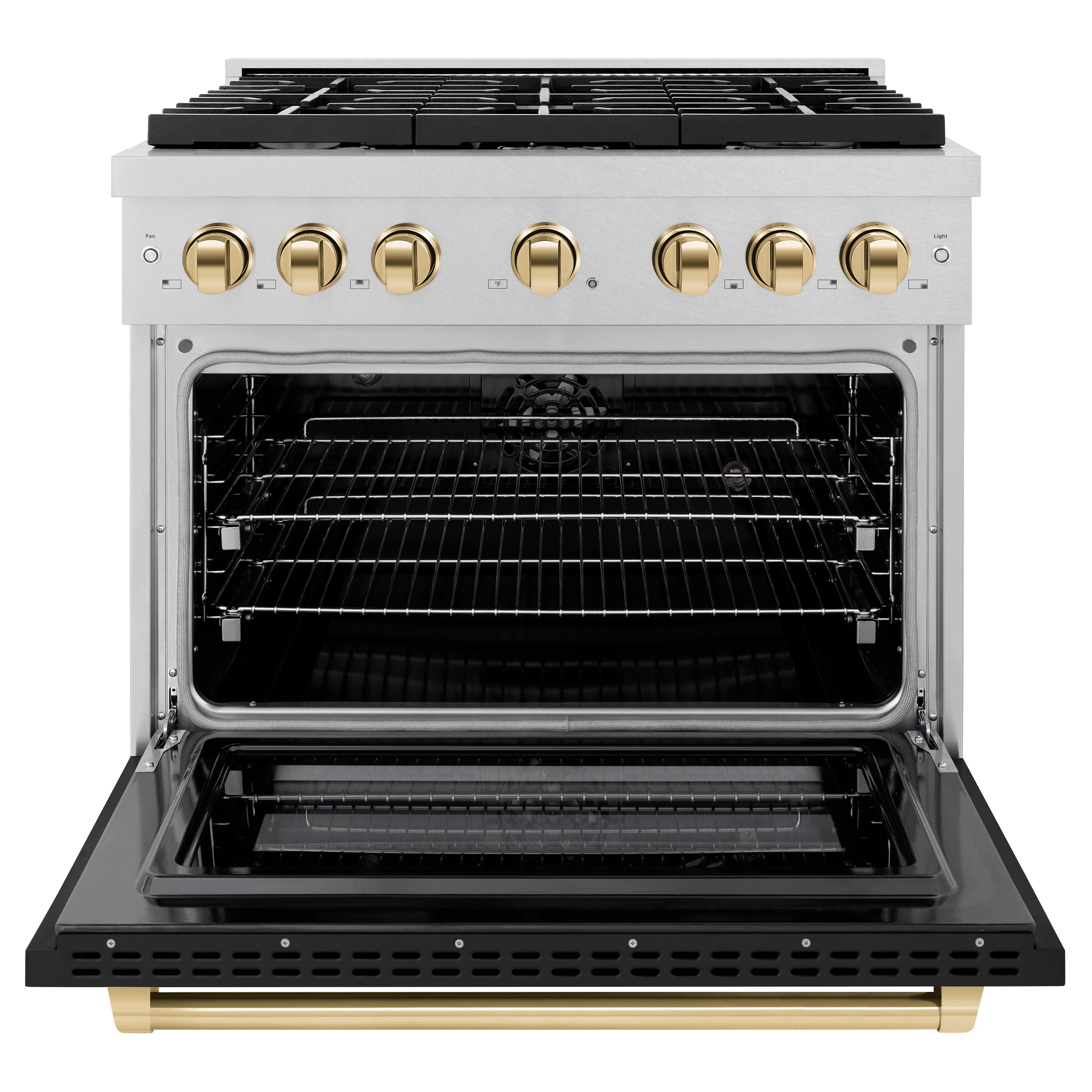ZLINE Autograph Edition 36 in. 5.2 cu. ft. Paramount Dual Fuel Range with 6 Burner Gas Cooktop and Electric Convection Oven in Satin Stainless Steel with Black Matte Door and Polished Gold Accents (SDRSZ-BLM-36-G)