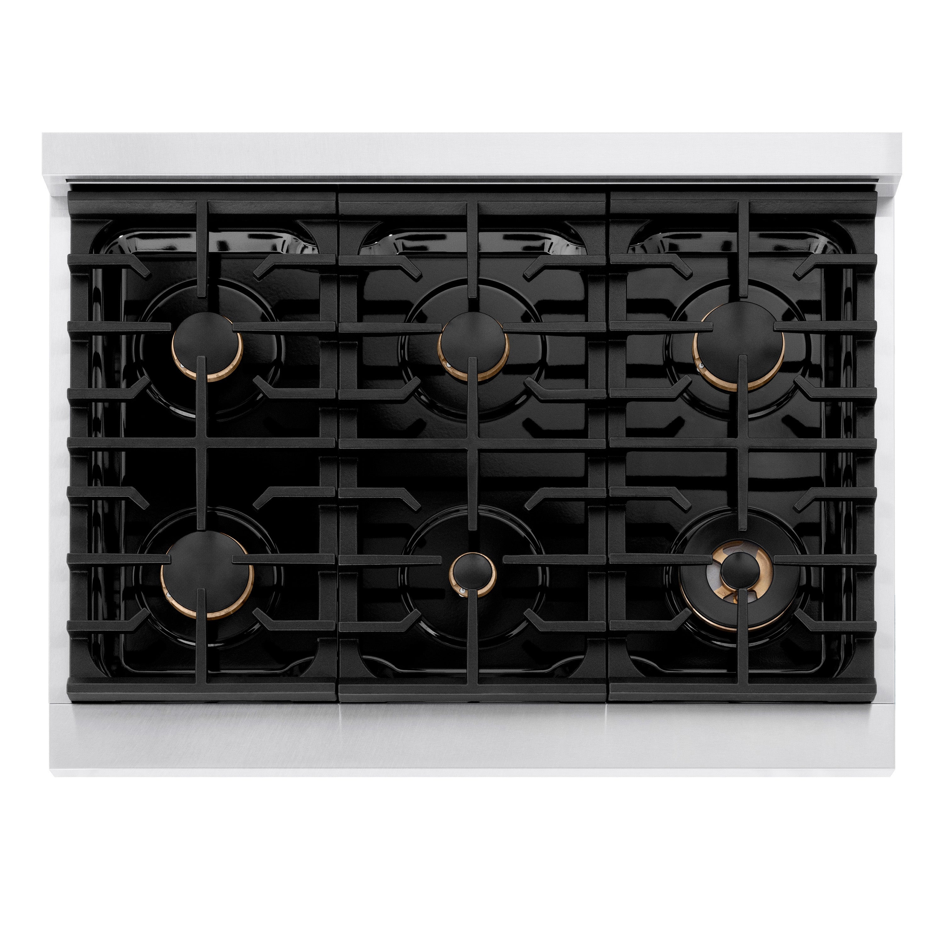 ZLINE Autograph Edition 36 in. 5.2 cu. ft. Paramount Dual Fuel Range with 6 Burner Gas Cooktop and Electric Convection Oven in Satin Stainless Steel with Black Matte Door and Polished Gold Accents (SDRSZ-BLM-36-G)