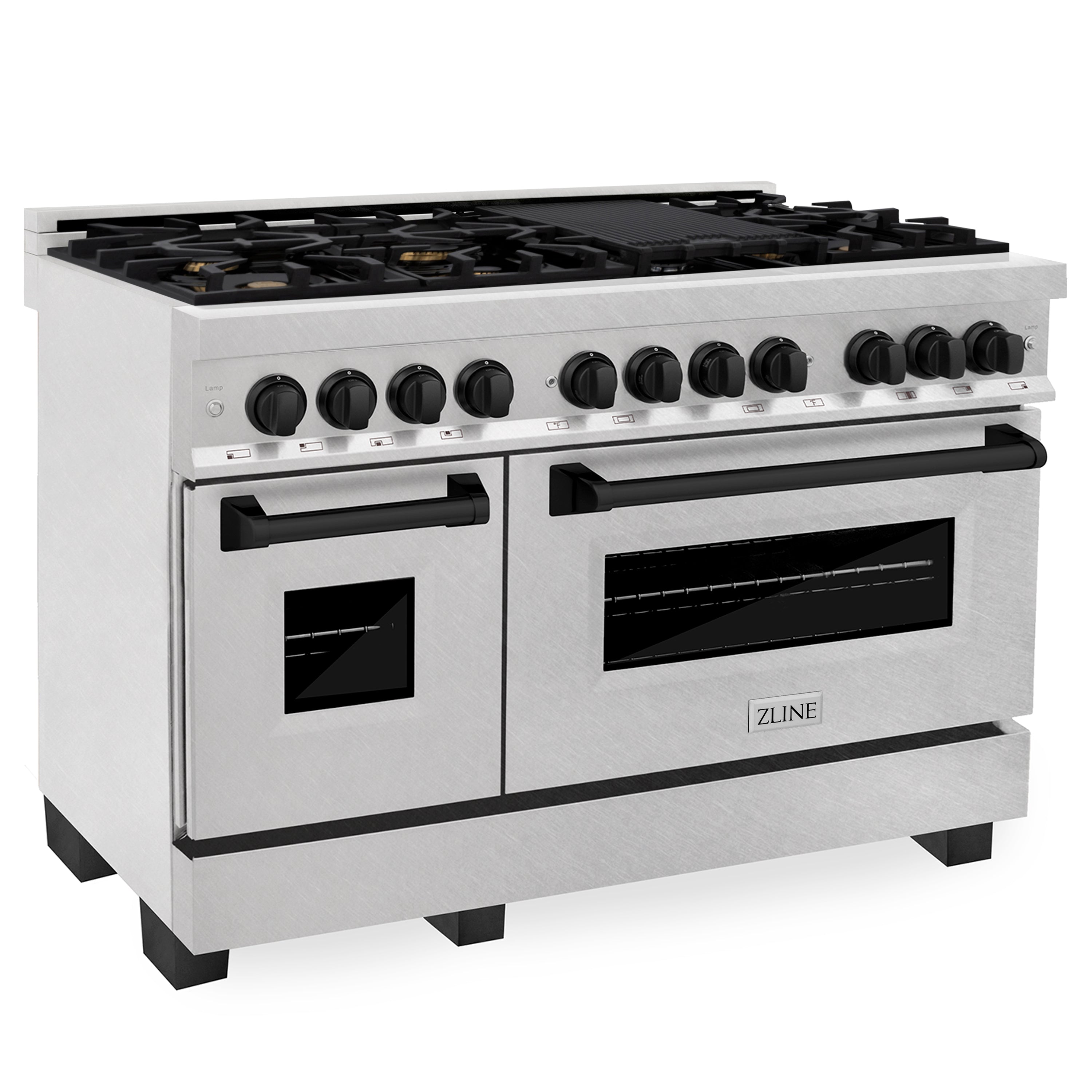 ZLINE Autograph Edition 48 in. 6.0 cu. ft. Legacy Dual Fuel Range with 7 Burner Gas Cooktop and 2 Electric Ovens in Satin Stainless Steel and Matte Black Accents (RASZ-SN-48-MB)