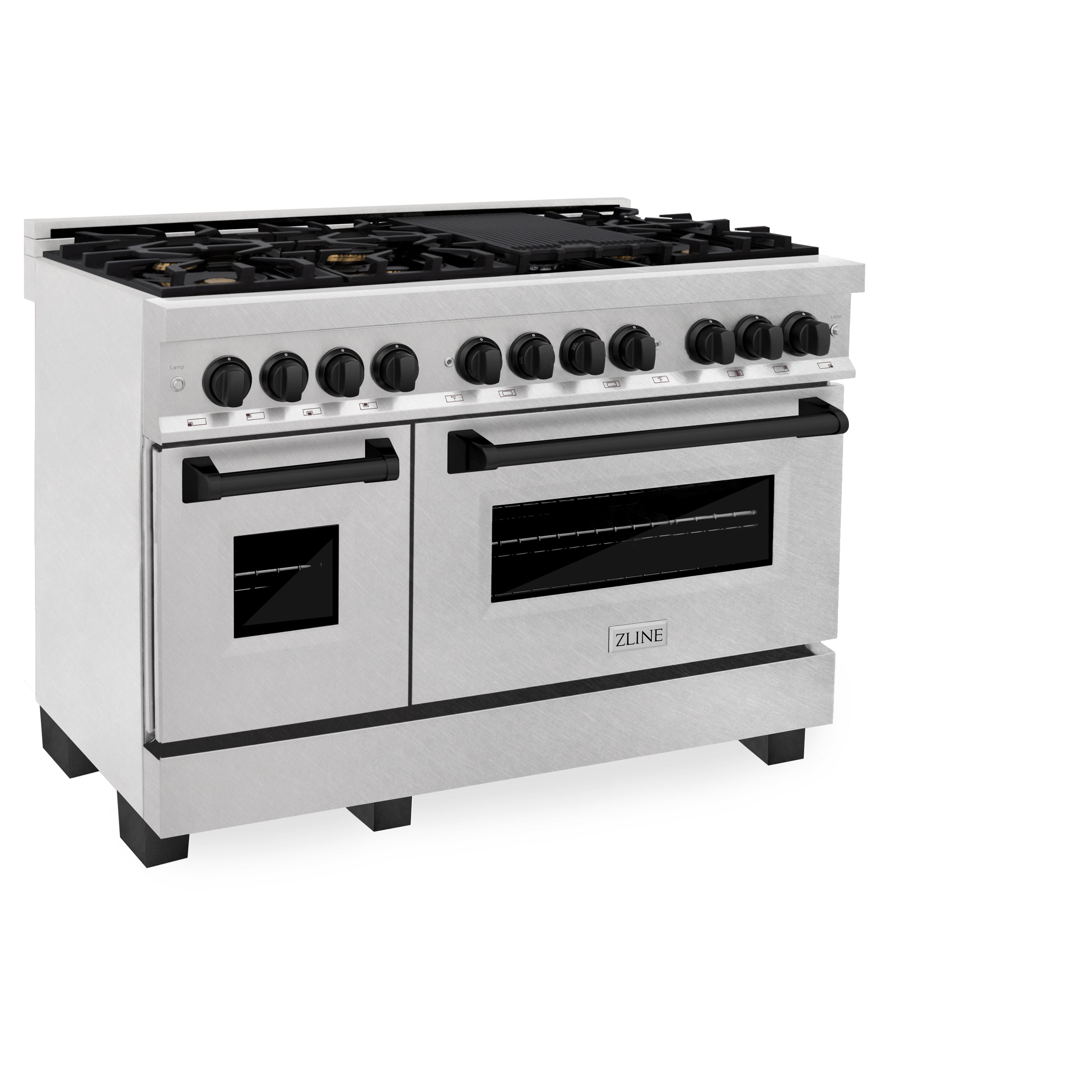 ZLINE Autograph Edition 48 in. 6.0 cu. ft. Legacy Dual Fuel Range with 7 Burner Gas Cooktop and 2 Electric Ovens in Satin Stainless Steel and Matte Black Accents (RASZ-SN-48-MB)